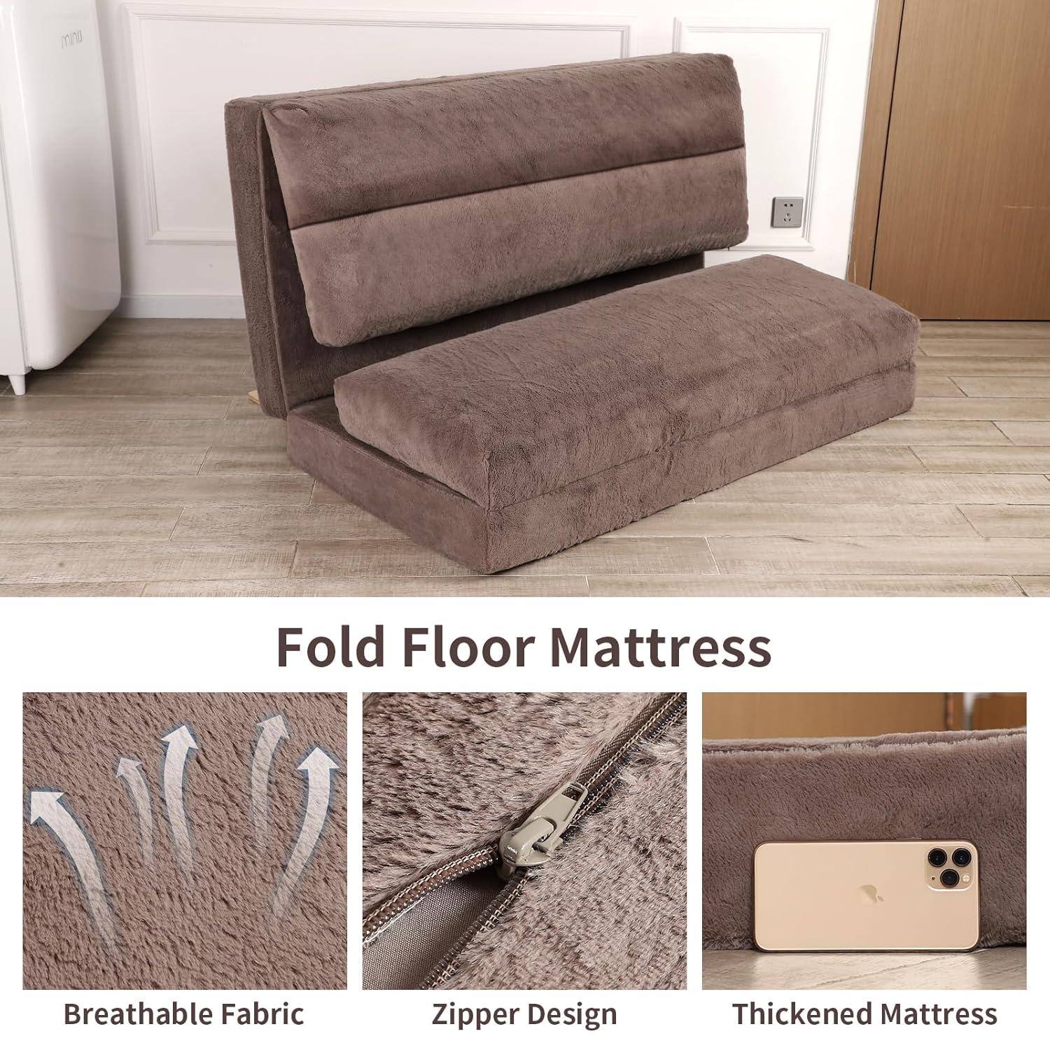 Bean Bag Bed for Adults, 54x95 Inch Floor Sofa Bed with Washable Soft Faux Fur Cover, Fluffy Soft Foldable Couch for Living Room, Bedroom, Guest Room (Brown)
