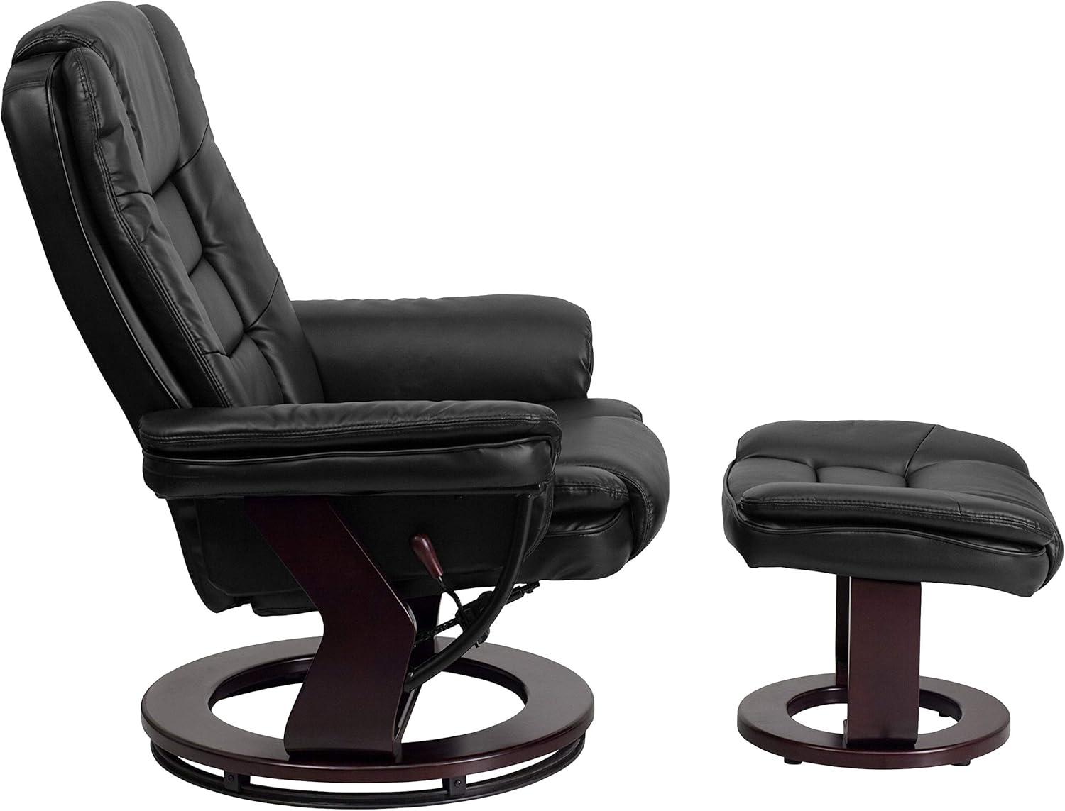 Black Faux Leather Swivel Recliner with Wood Base