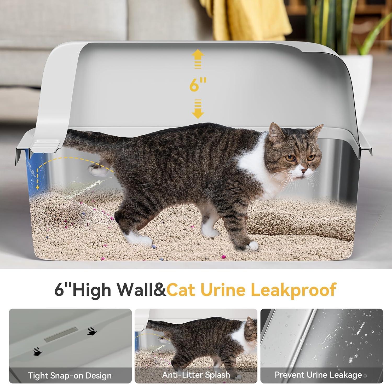 Enclosed Stainless Steel Cat Litter Box with Lid Extra Large Litter Box for Big Cats XL Metal Litter Pan Tray with High Wall Sides Enclosure, Non-Sticky, Anti-Leakage, Easy Cleaning