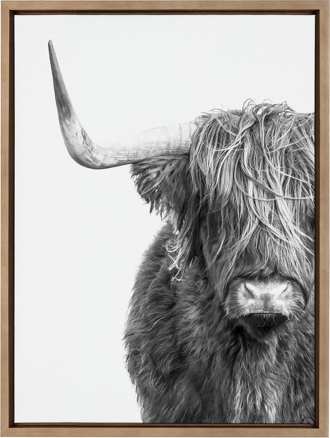 Kate and Laurel Sylvie B&W Highland Cow No. 1 Framed Canvas Wall Art by Amy Peterson Art Studio, 18x24 Gold, Black and White Animal Portrait Art