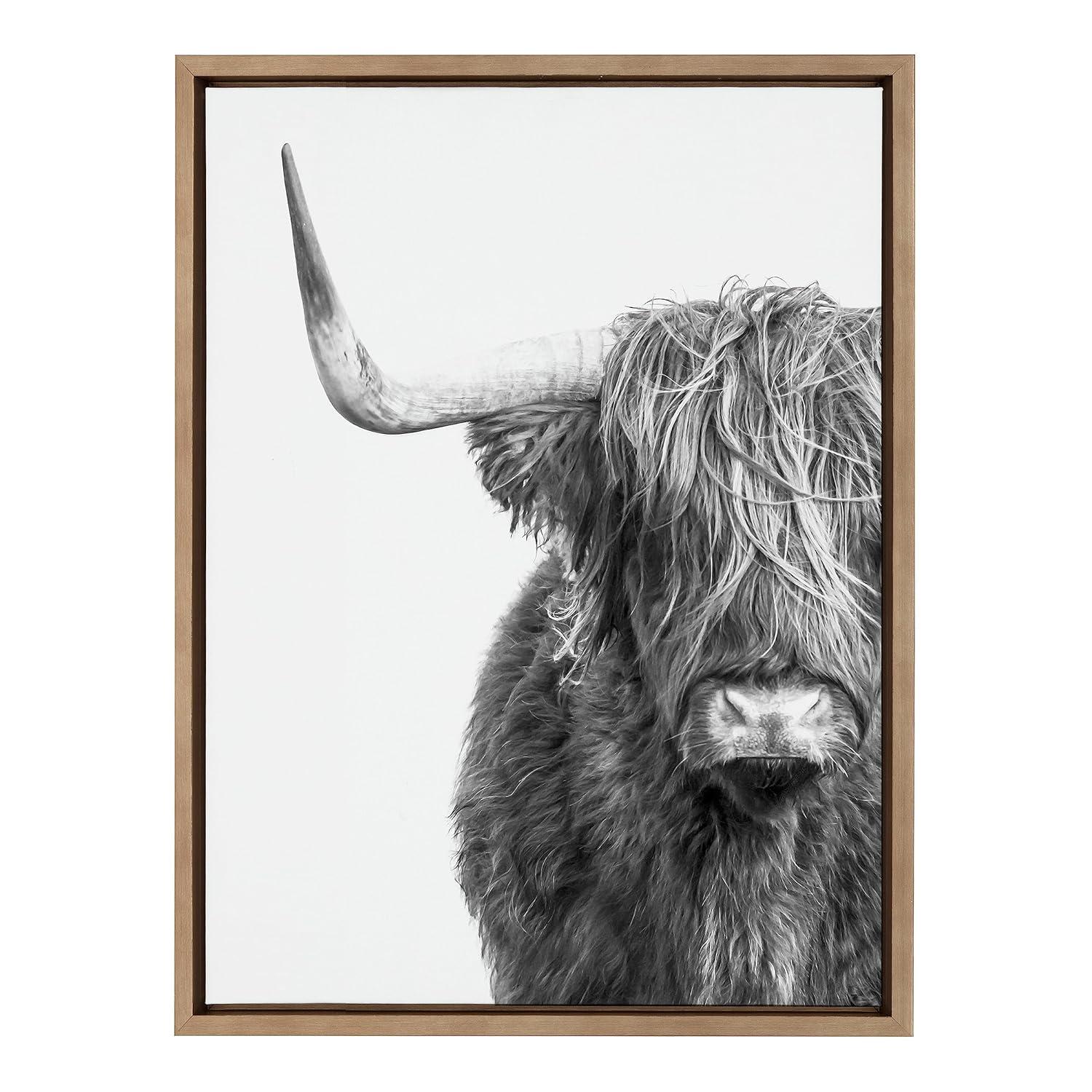 Kate and Laurel Sylvie B&W Highland Cow No. 1 Framed Canvas Wall Art by Amy Peterson Art Studio, 18x24 Gold, Black and White Animal Portrait Art