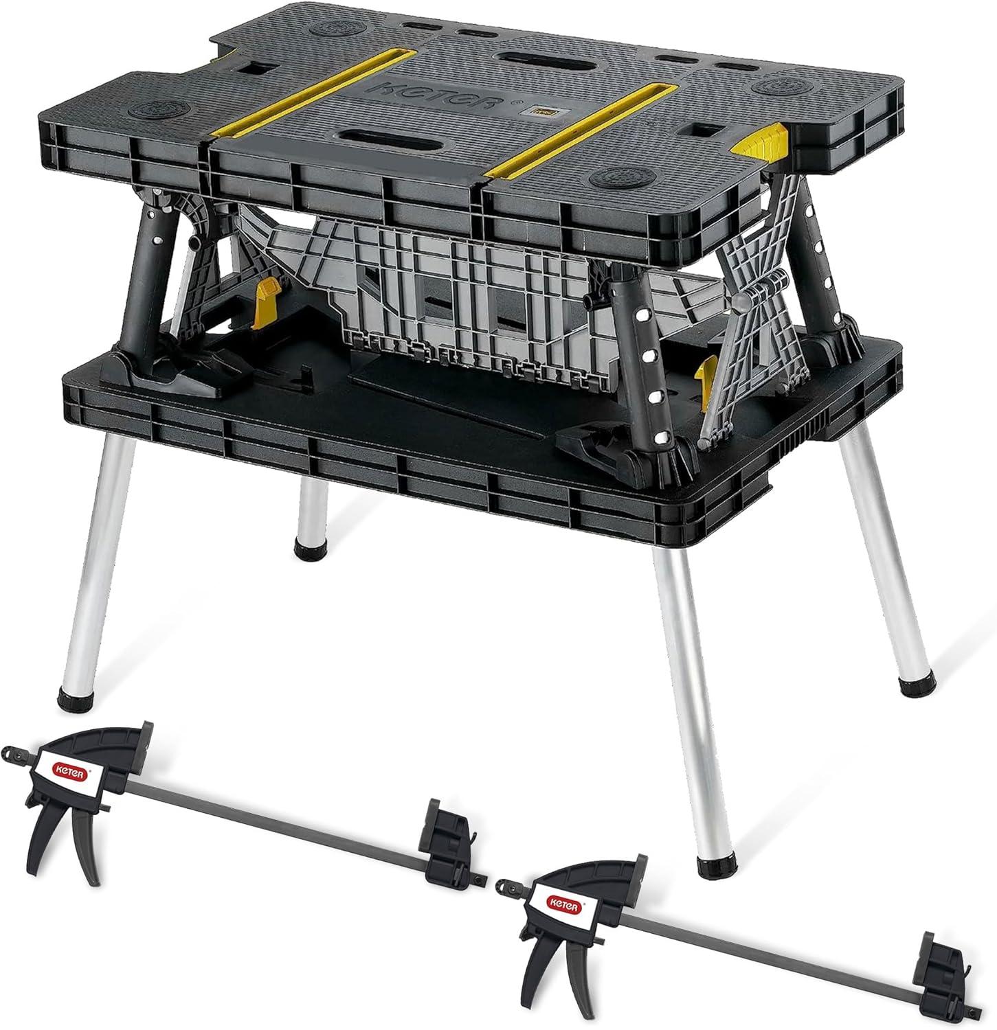 Keter Folding Portable Workbench Sawhorse with (2) 12" Clamps, Black and Yellow