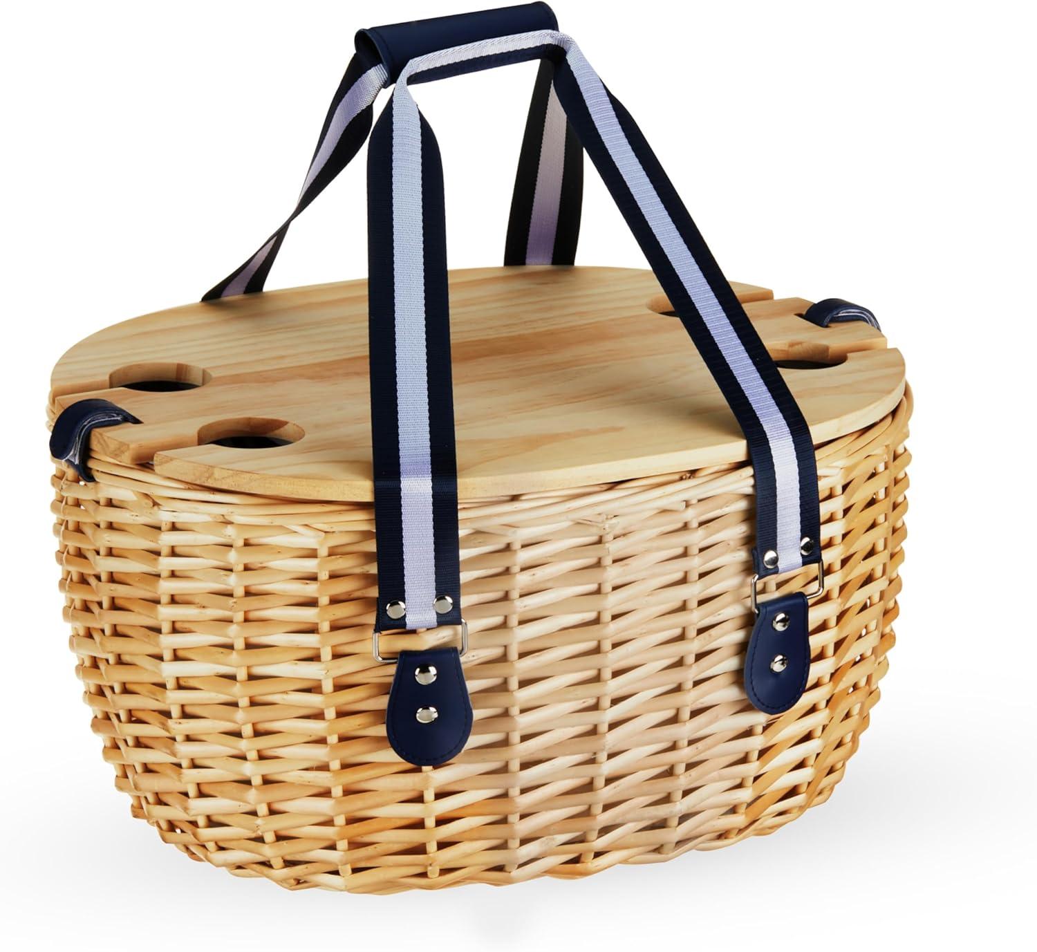 Twine Central Park Outdoor Picnic Basket with Lid and Handle, Four Person Wicker Picnic Basket with Accessories Picnic Equipment 22-Piece Set