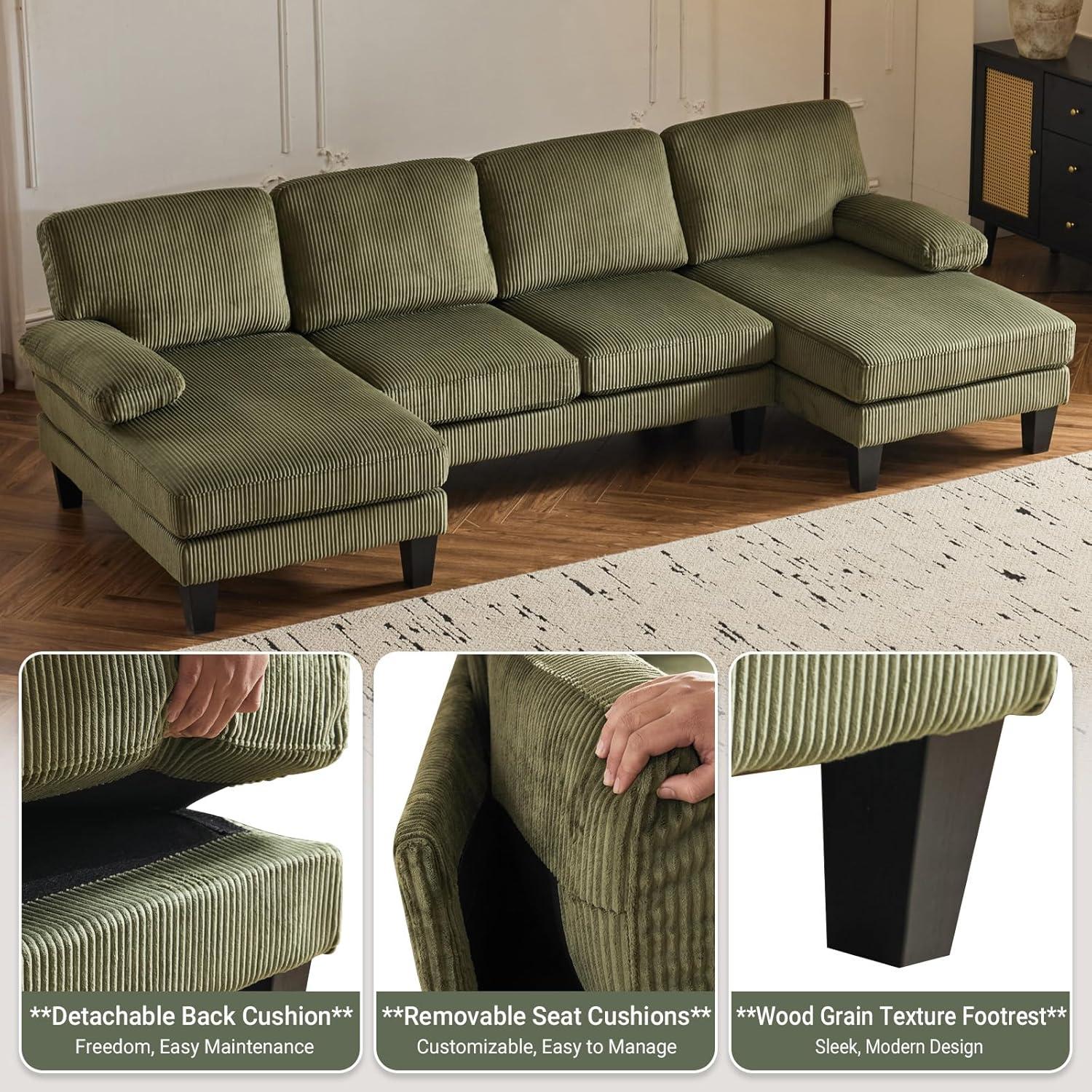 Ktaxon U-Shaped Sectional Sofa, 111"  Corduroy Couch, 4 Seat Lounge Sleeper with Double Chaise for Living Room Green