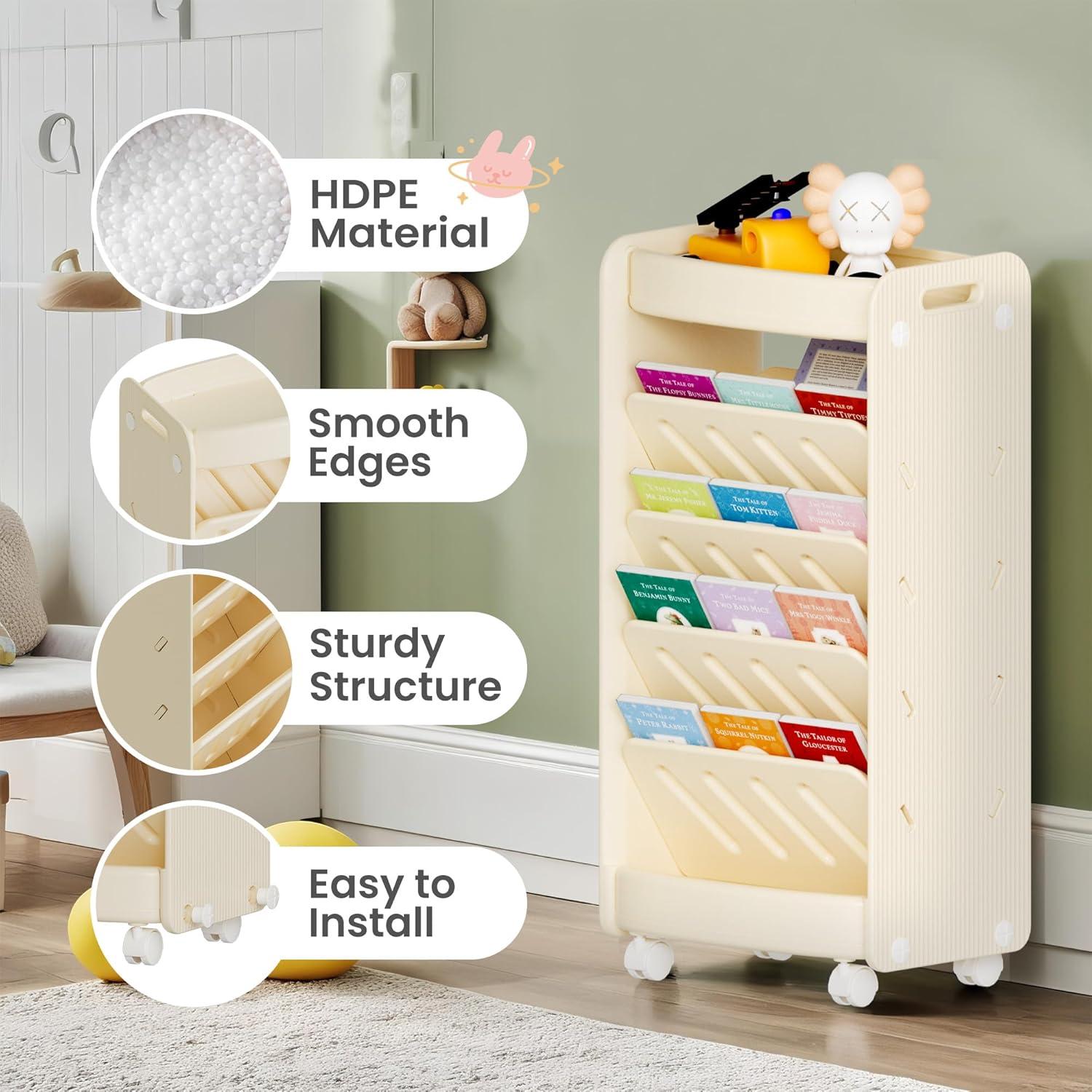 hoopyosms 6-Tier Double-Sided Kids Bookshelf With Wheels, Slanted Shelves & HDPE Material - Beige, Mobile Book Storage For Bedroom Or Playroom