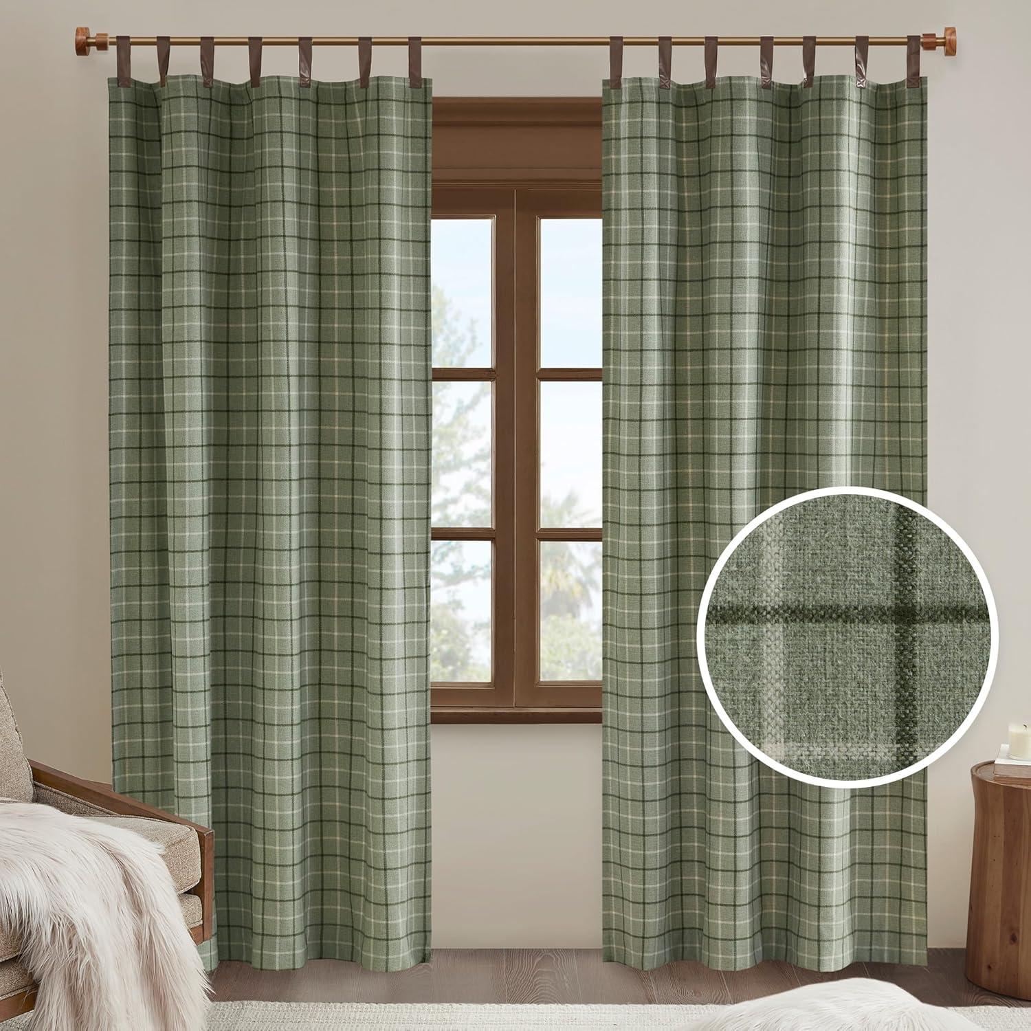 Anaheim Plaid Faux Leather Tab Top Curtain Panel with Fleece Lining