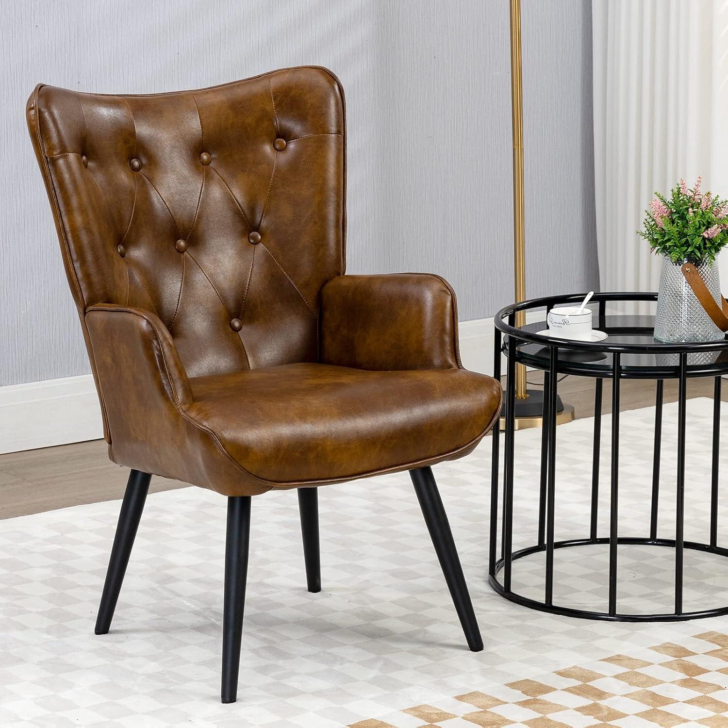 Brown Faux Leather Wingback Accent Chair with Metal Legs