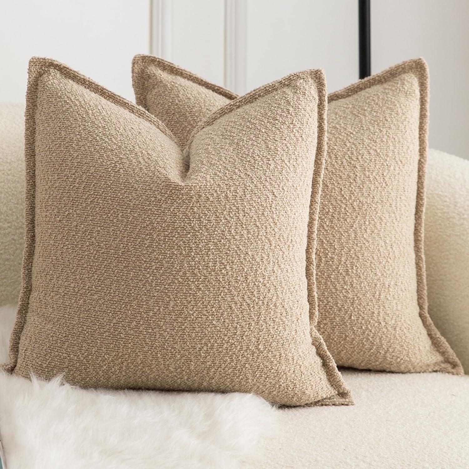 Boucle Decorative Throw Pillow Covers for Couch Set of 2, 18x18 inches, Beige