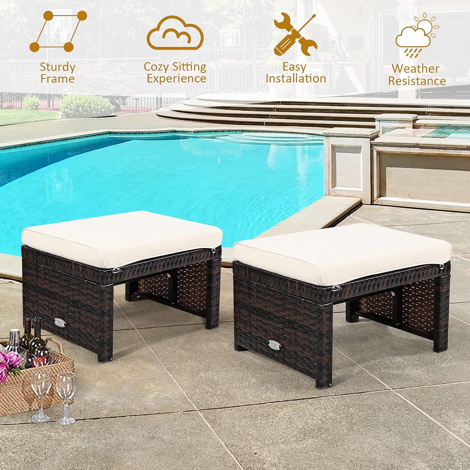 GVN 2 Pieces Patio Rattan Ottomans with Soft Cushion for Patio and Garden-White, Outdoor Footstool Footrest Furniture, All Weather Outdoor Ottomans Footrest Seat