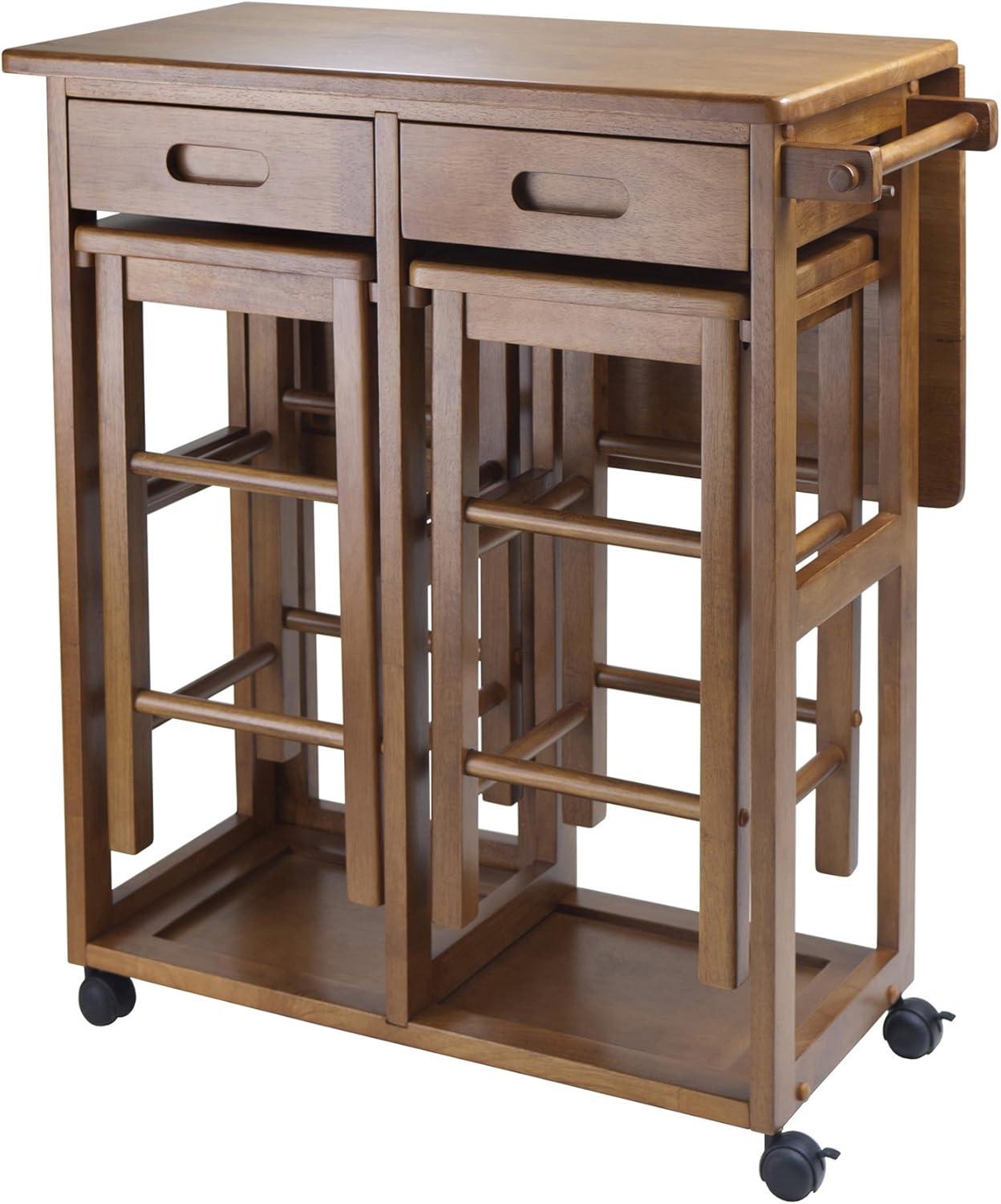 3pc Suzanne Space Saver Drop Leaf Dining Set Teak - Winsome: Compact, Storage Drawers & 2 Stools