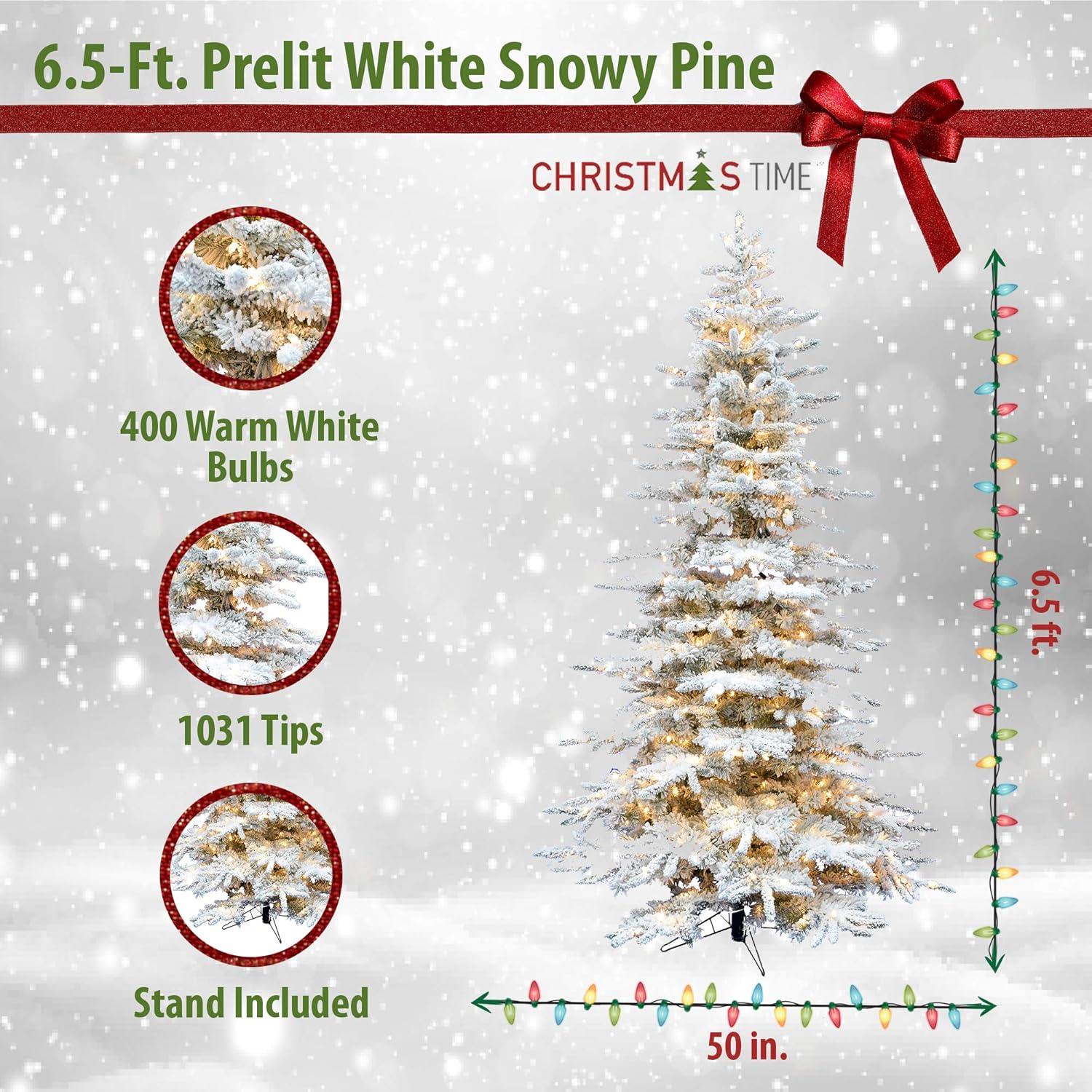 Christmas Time Christmas Time 6.5-Ft. Pre-Lit Snowy White Pine Artificial Christmas Tree with Clear LED Lights