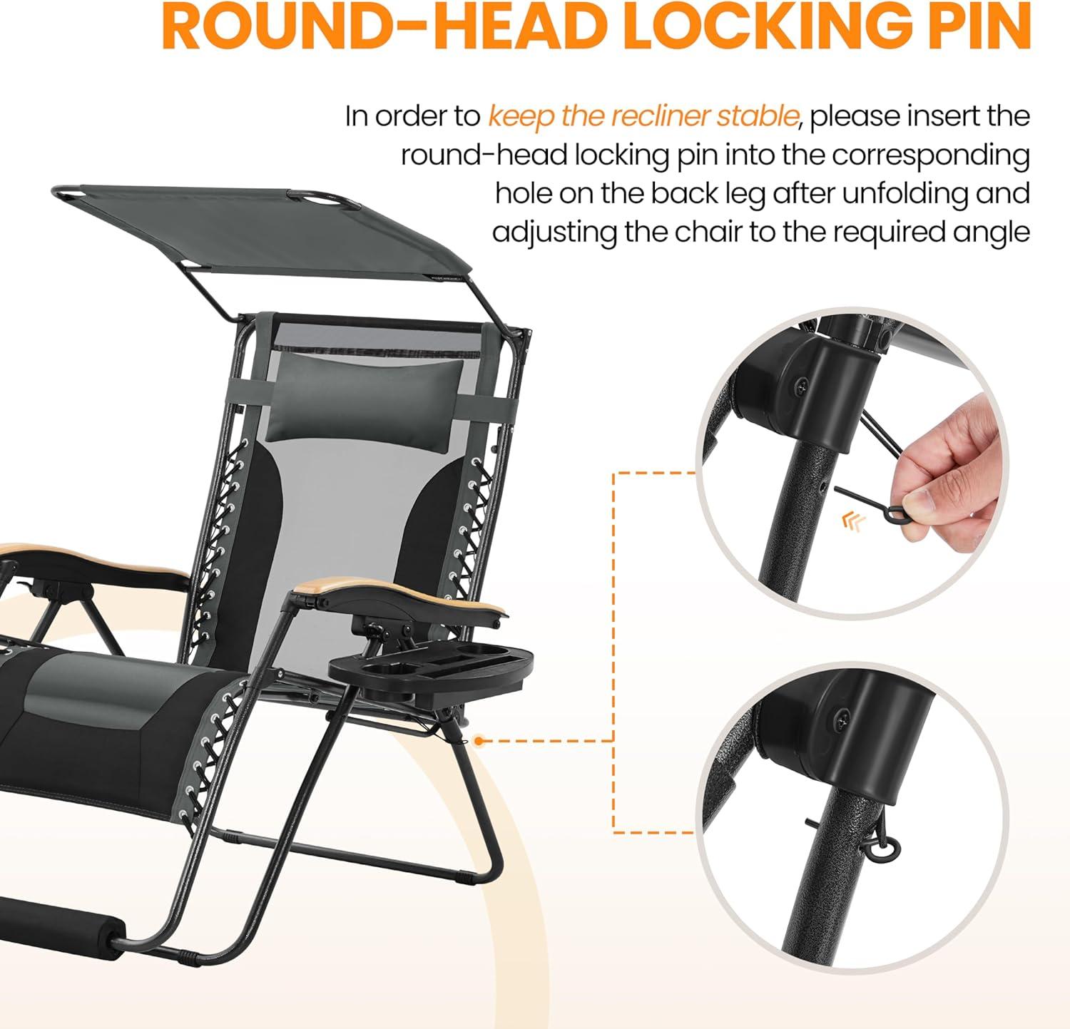 Yaheetech 29in Zero Gravity Chair, Adjustable Patio Padded Anti Gravity Recliner Foldable Outdoor Lounger with Cup Holder Tray, Canopy Shade and Headrest for Beach Camping Gray/Black/1