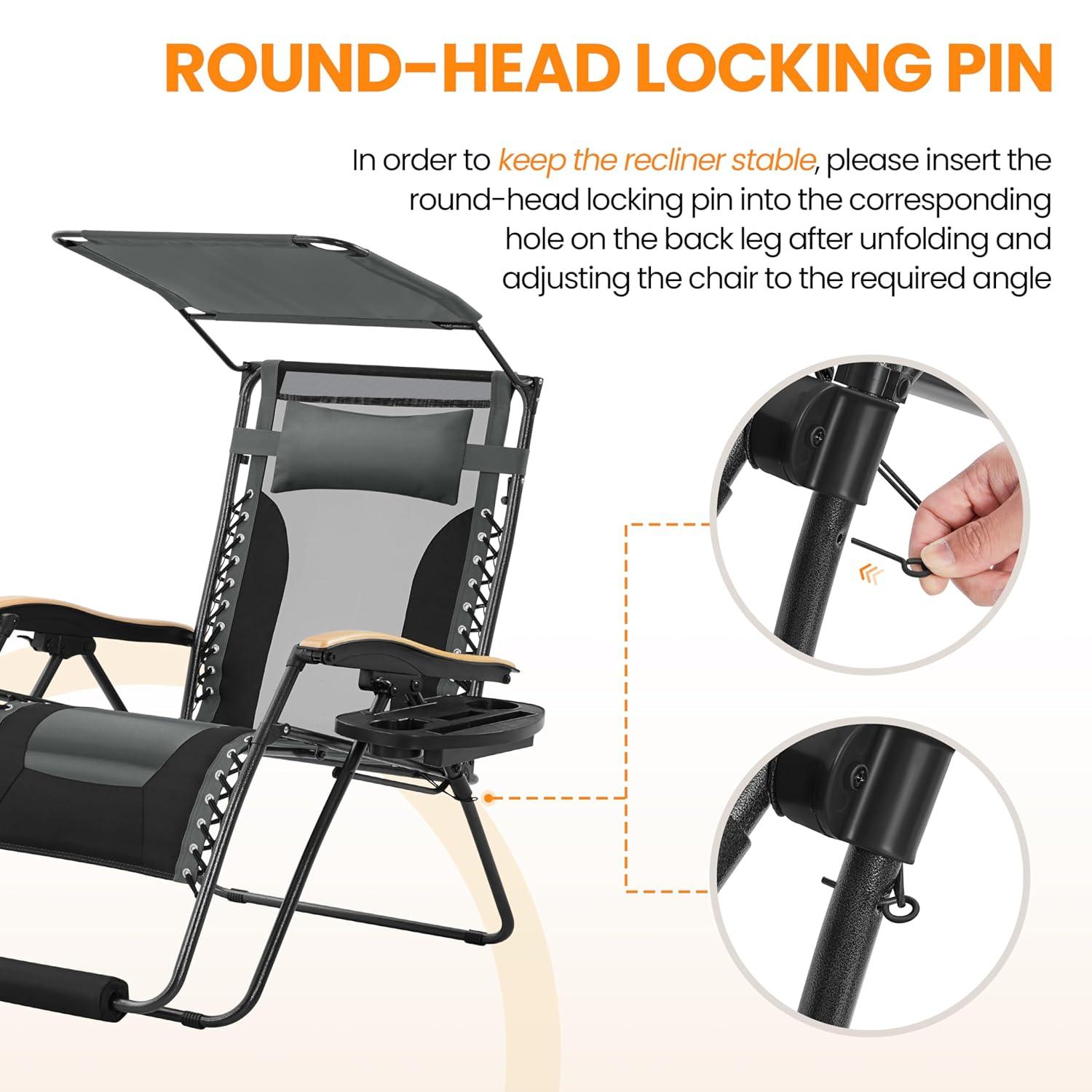 Yaheetech 29in Zero Gravity Chair, Adjustable Patio Padded Anti Gravity Recliner Foldable Outdoor Lounger with Cup Holder Tray, Canopy Shade and Headrest for Beach Camping Gray/Black/1