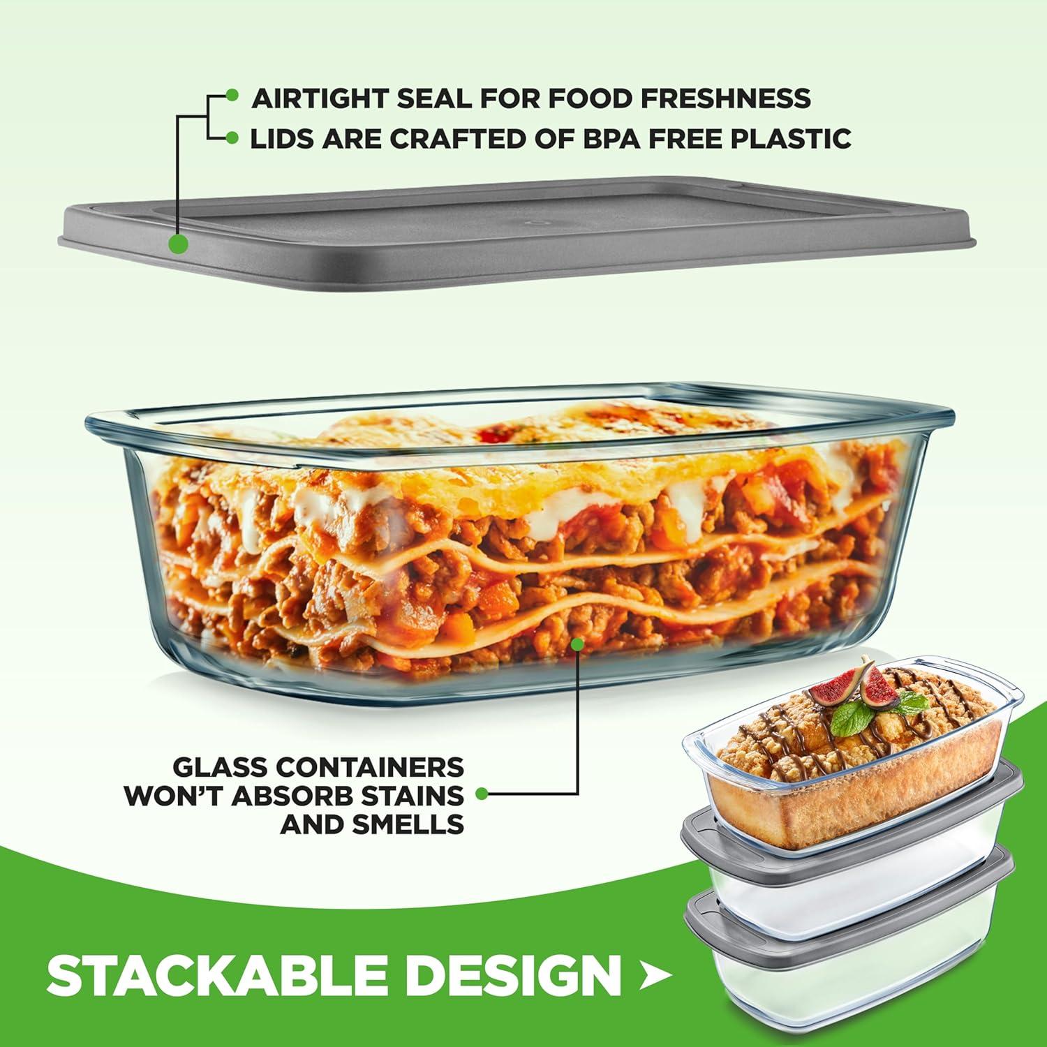 3-Piece Glass Loaf Pan Set - 1.9 QT Premium Stackable Food Containers w/ Airtight Locking Lid - Oven, Microwave, & Dishwasher Safe - 62oz Bread Pan Dish, Clear Glass