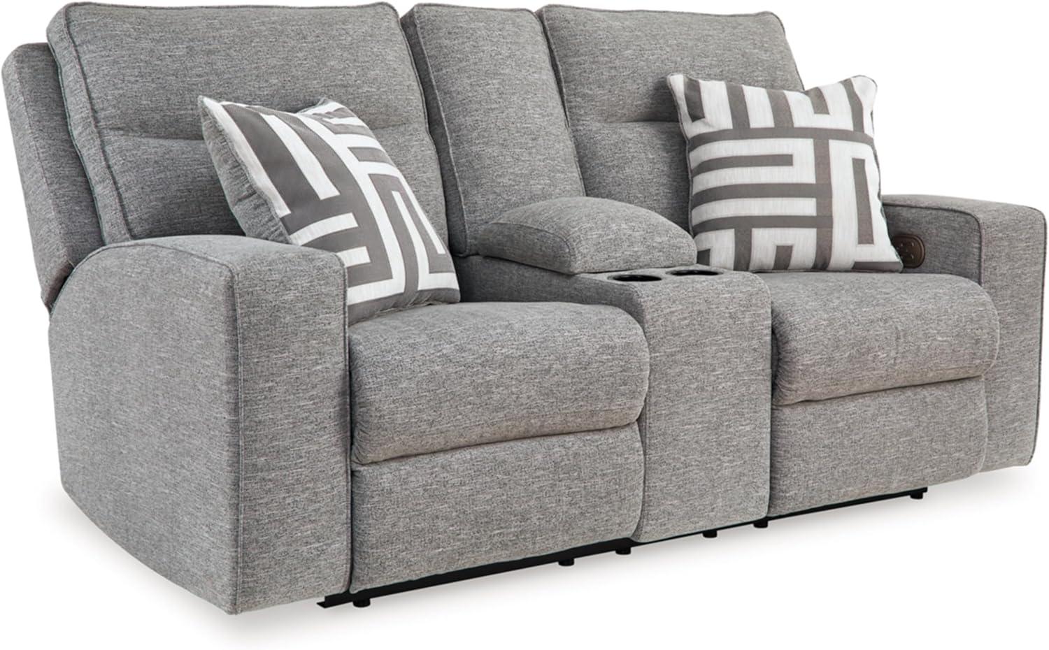 Gray Fabric Power Reclining Loveseat with Pillow-top Arm and Cup Holder