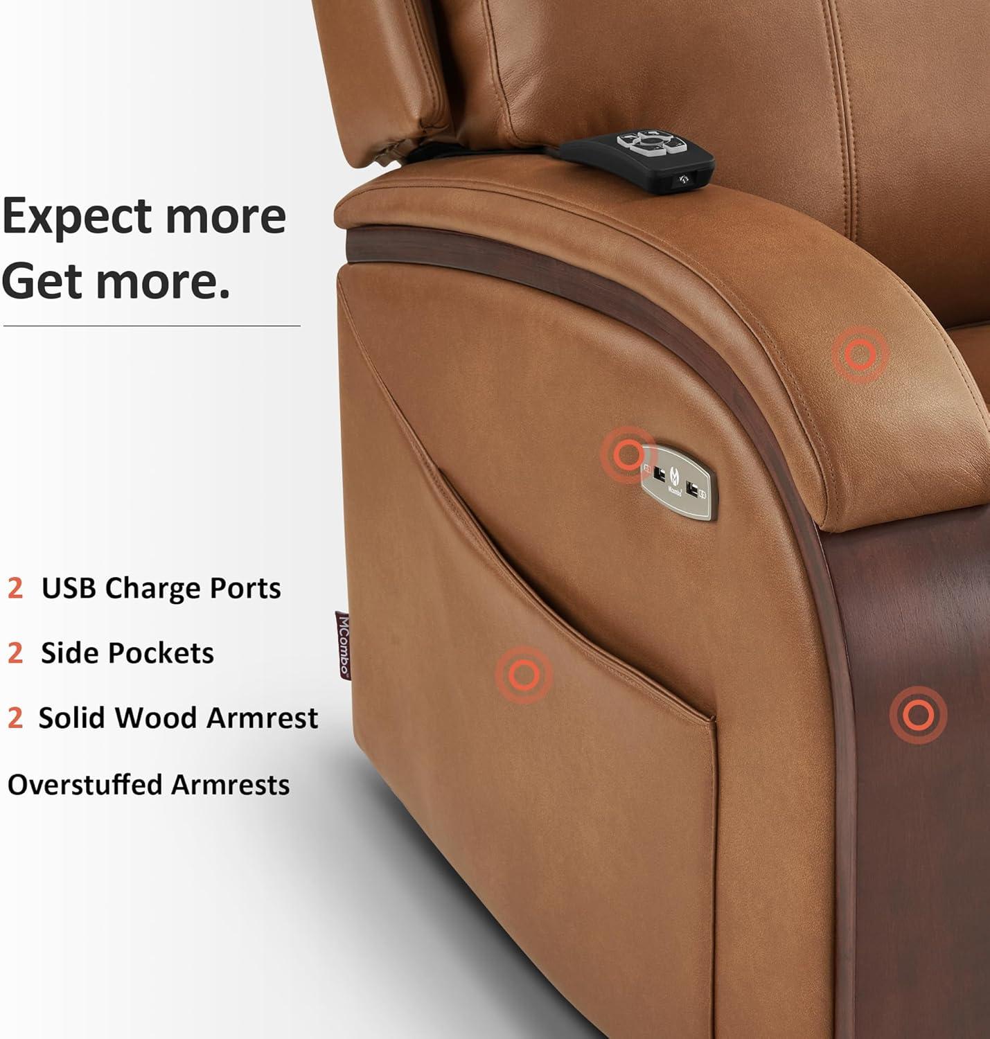 MCombo Power Lift Recliner Chair Sofa with Massage and Heat, Adjustable Headrest for Elderly People, Solid Wood Armrest, USB Ports, Side Pockets, Breathable Leather 7917 (Tawny, Medium)