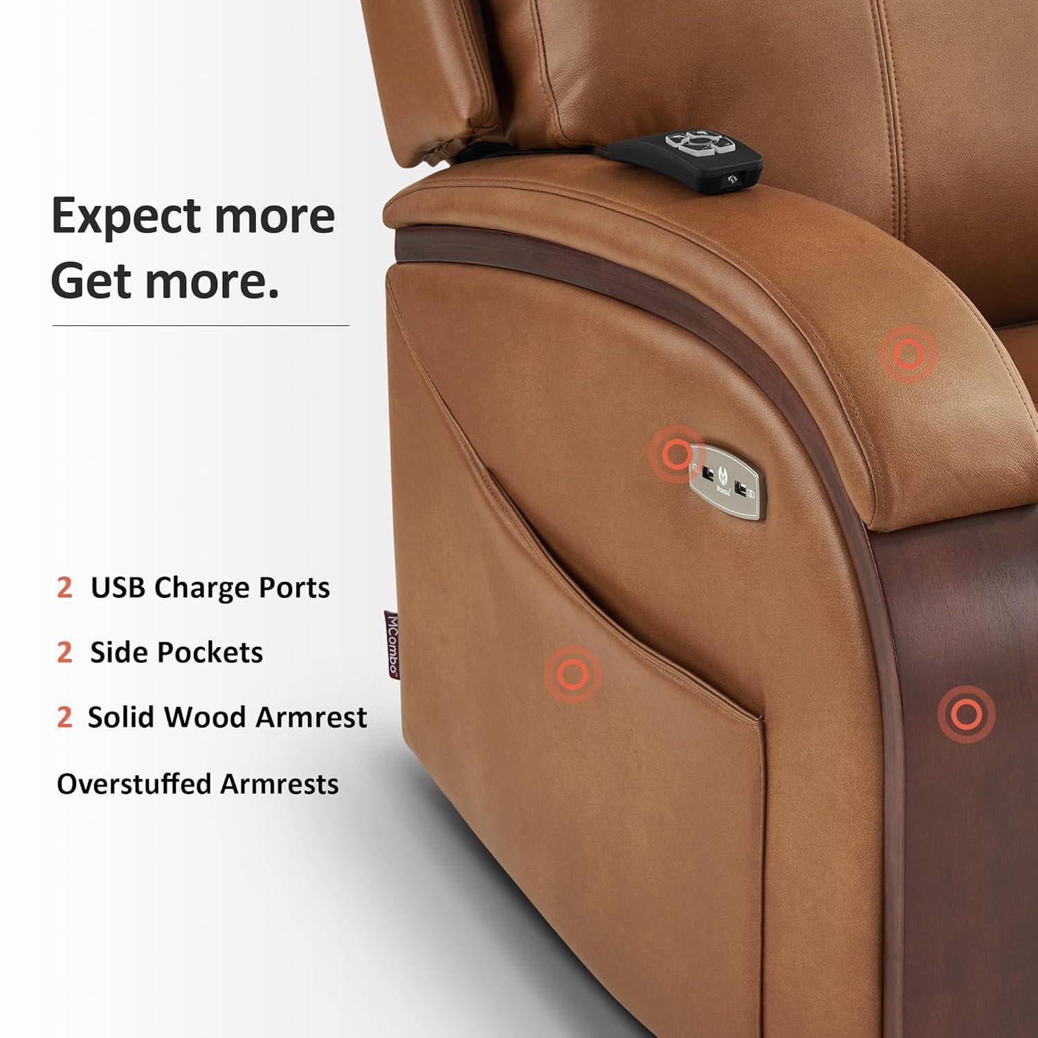 MCombo Power Lift Recliner Chair Sofa with Massage and Heat, Adjustable Headrest for Elderly People, Solid Wood Armrest, USB Ports, Side Pockets, Breathable Leather 7917 (Tawny, Medium)