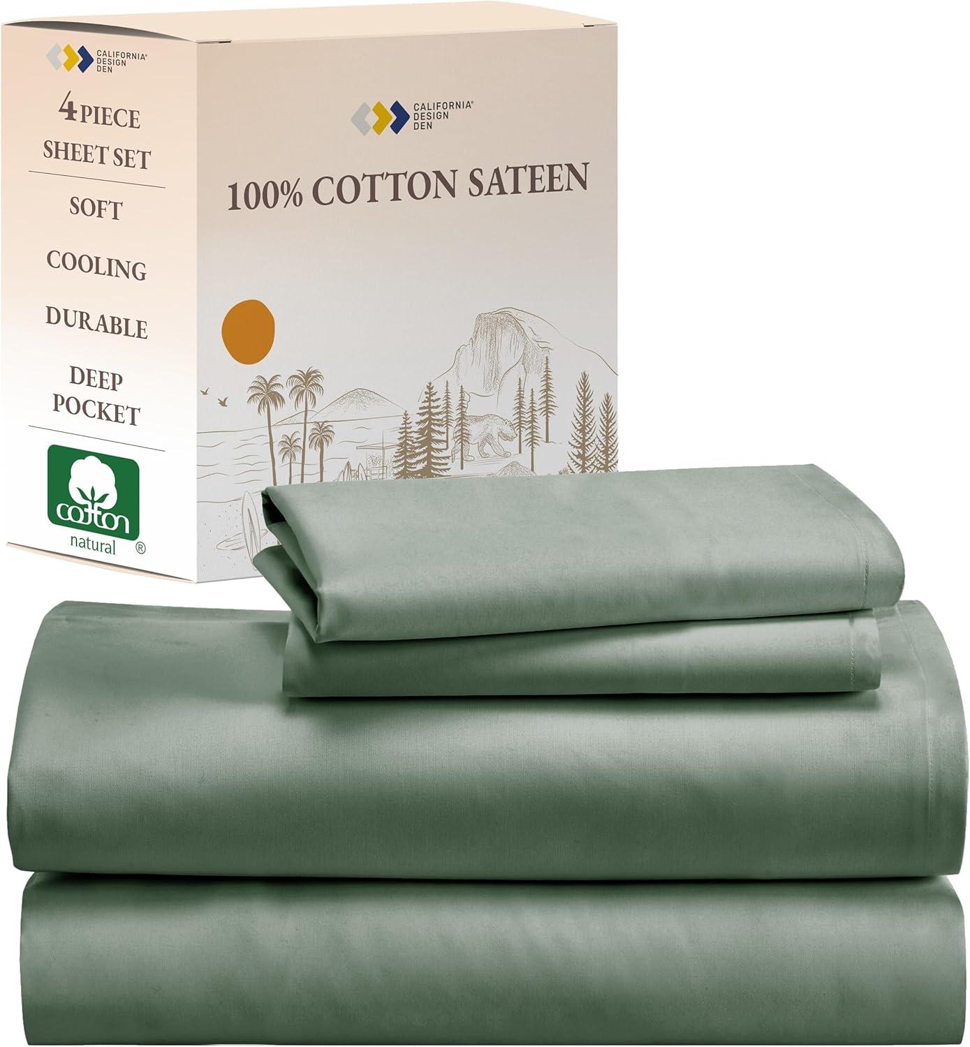 Sage Green Queen Cotton Sateen Deep Pocket Sheet Set