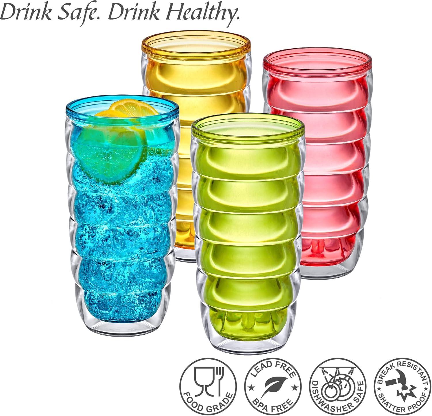 Amazing Abby - Arctic - 24-Ounce Insulated Plastic Tumblers (Set of 4), Double-Wall Plastic Drinking Glasses, Mixed-Color Reusable Plastic Cups, BPA-Free, Shatter-Proof, Dishwasher-Safe