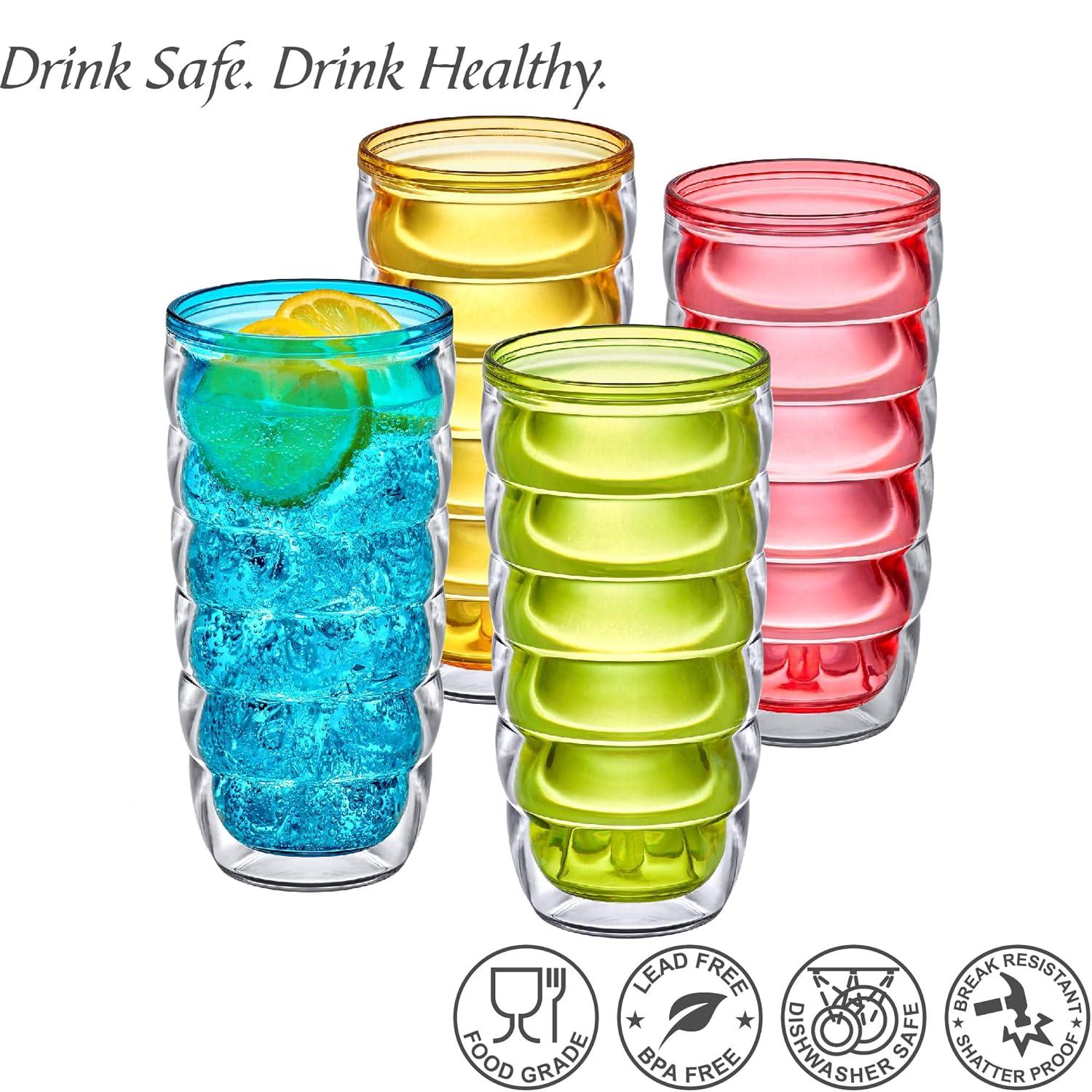 Amazing Abby - Arctic - 24-Ounce Insulated Plastic Tumblers (Set of 4), Double-Wall Plastic Drinking Glasses, Mixed-Color Reusable Plastic Cups, BPA-Free, Shatter-Proof, Dishwasher-Safe