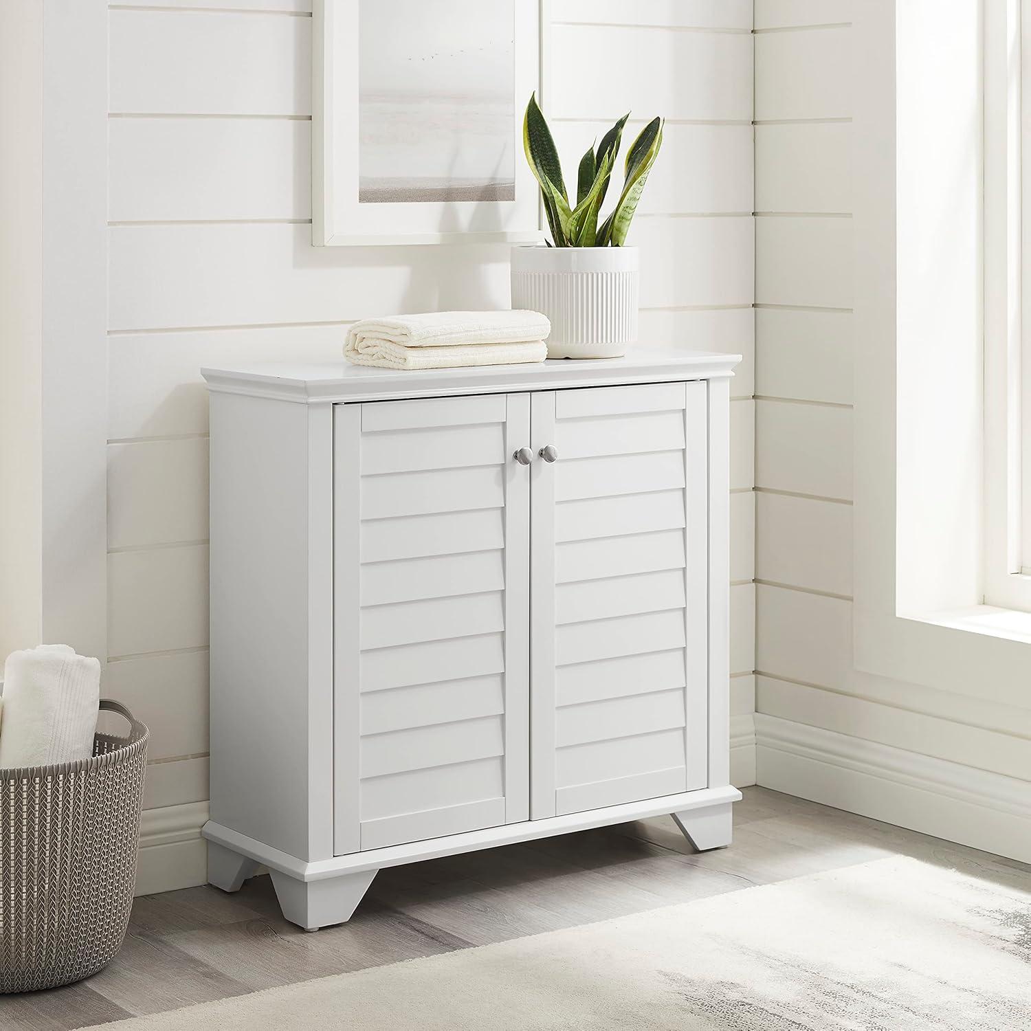 White Faux-Louvered Living Room Cabinet with Adjustable Shelving