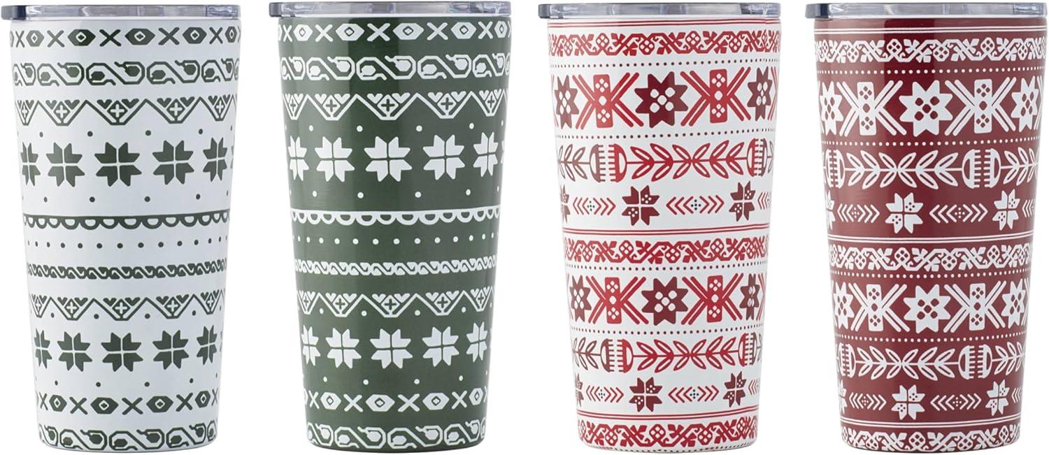 Festive Stainless Steel Highball Tumblers Set of 4 with Lids