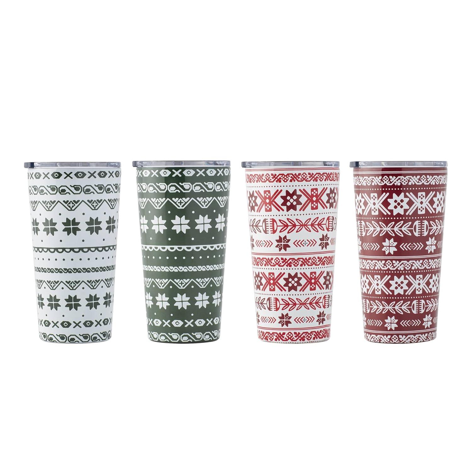 Festive Stainless Steel Highball Tumblers Set of 4 with Lids