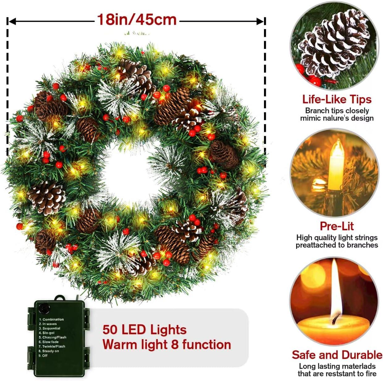 Christmas decor Garland Christmas Pre-Lit Artificial Christmas Wreath, 18 Inch Artificial Christmas Garland For Front Door With Red Bow, Cones, Red Berries, 40 LED Lights For Christmas Deco