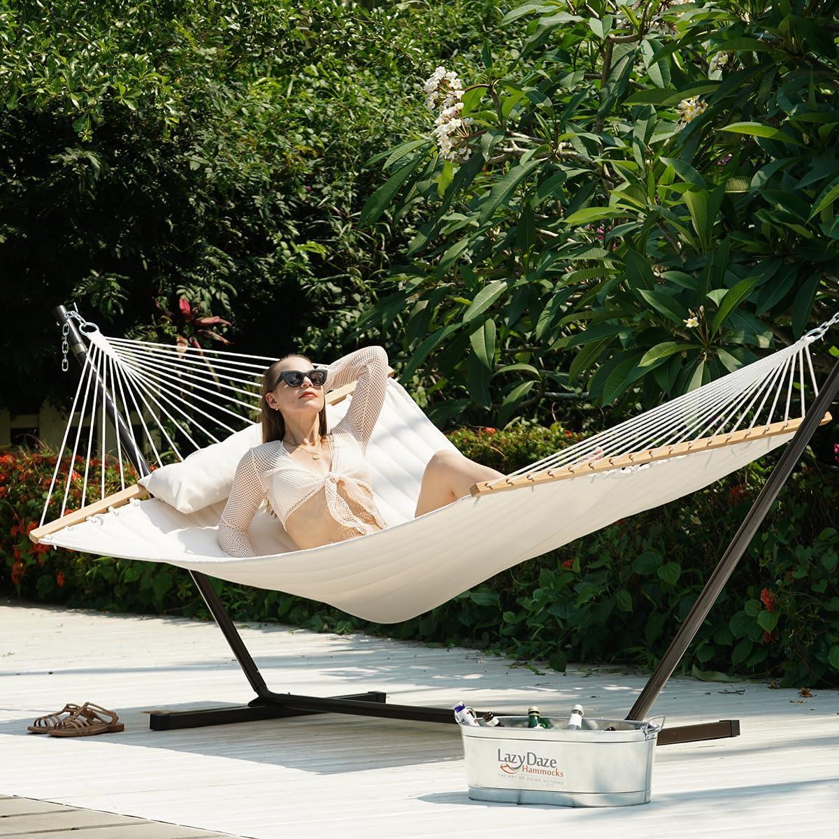 BINO Hammocks 12 FT Double Quilted Fabric Hammock With Spreader Bars And Detachable Pillow, 2 Person Hammock For Outdoor Patio Backyard Poolside, 450 LBS Weight Capacity, Natural
