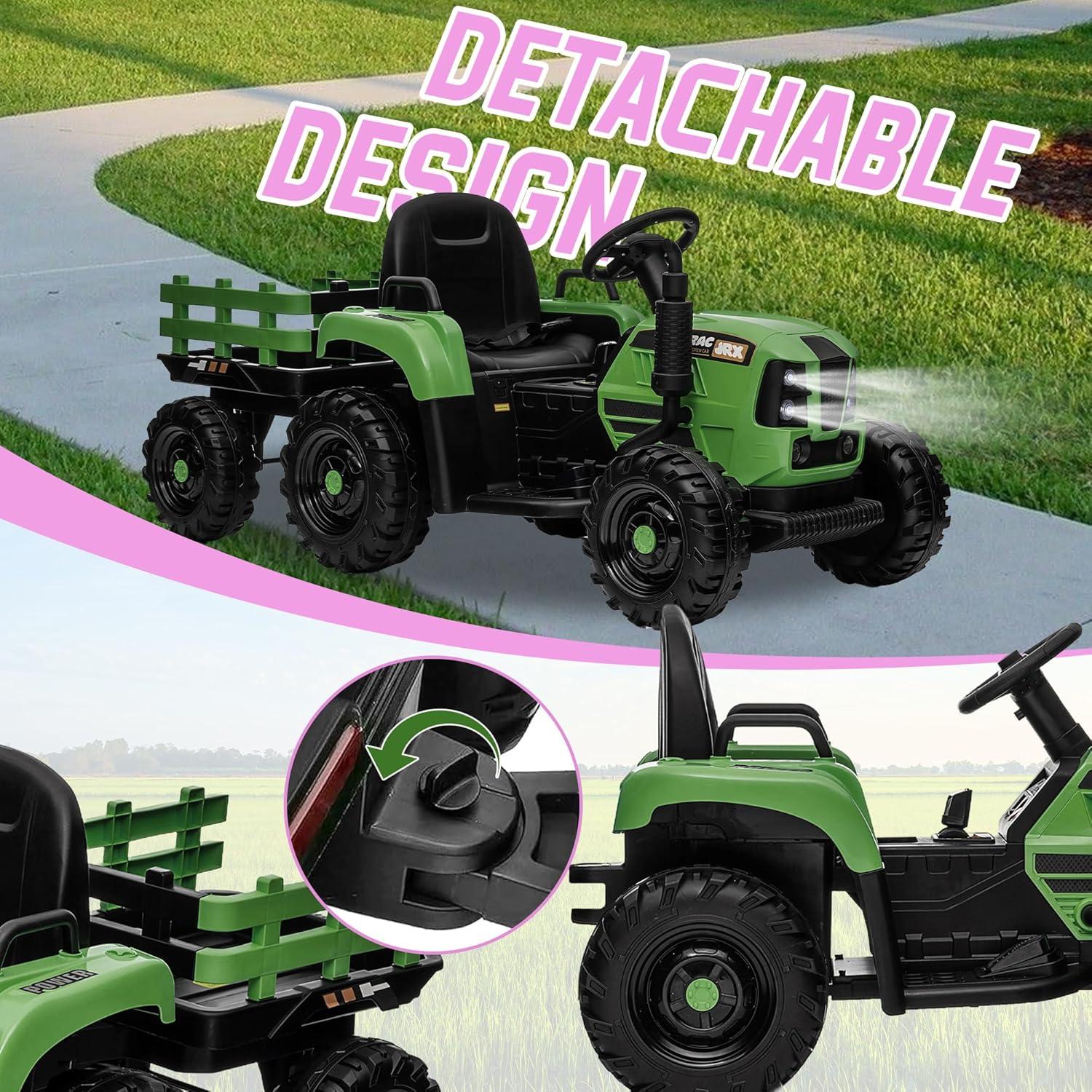 24V 400W Powered Electric Tractor for Kids, 3-Speed Ride On Tractor with Remote Control, USB/MP3/Bluetooth, LED Lights, Safety Belt, 1.86-4.97 MPH，Green