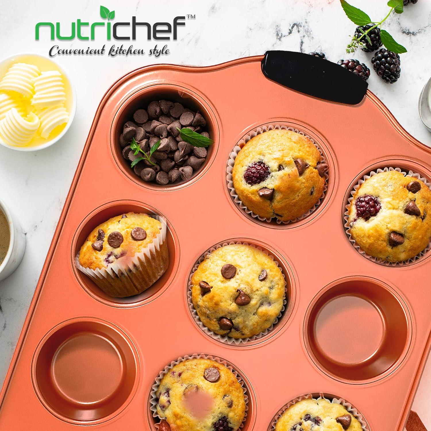 NutriChef 12 Cup Nonstick Copper Muffin Pan with Silicone Handles