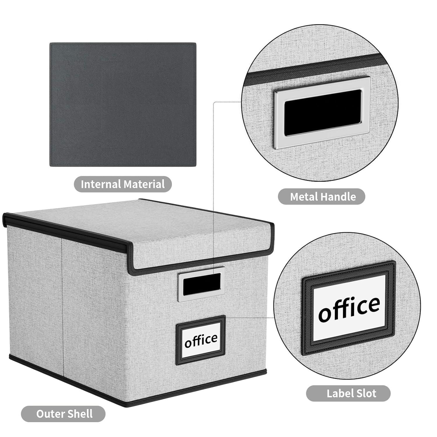 Huolewa Portable File Organizer Box, Office Document Storage Organizer Box with Lid, Linen Hanging Filing Storage Box, Decorative Home/Office Filing System for File and Folders Storage (Light Grey)