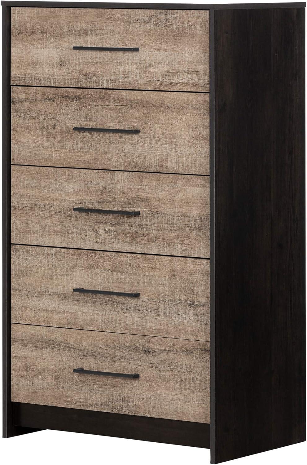 Weathered Oak and Black Industrial 5-Drawer Vertical Chest