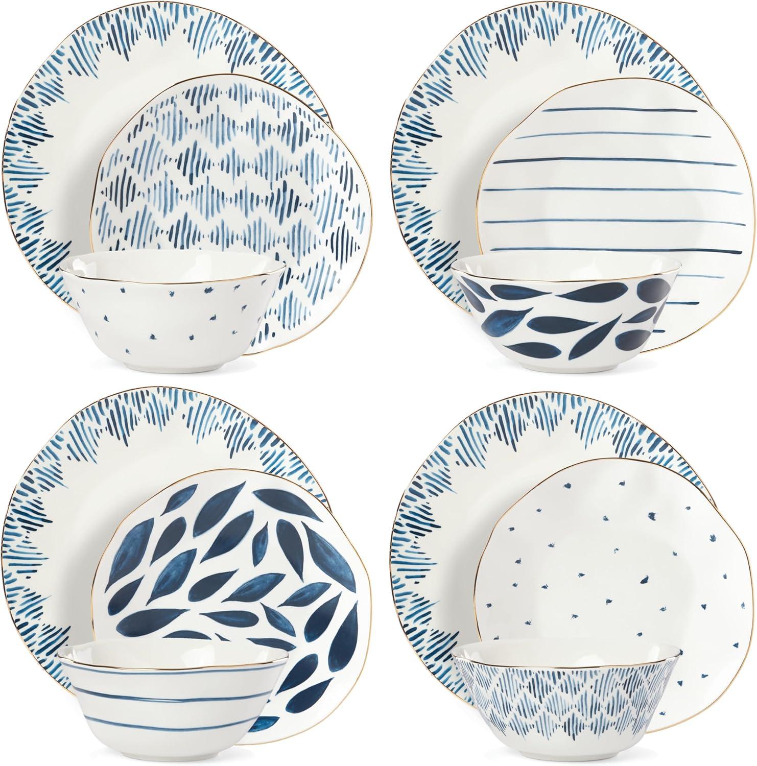 Blue and White Porcelain 12-Piece Floral Dinnerware Set