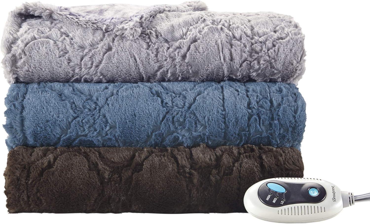 Gray Faux Fur Electric Heated Throw Blanket with Auto Shutoff