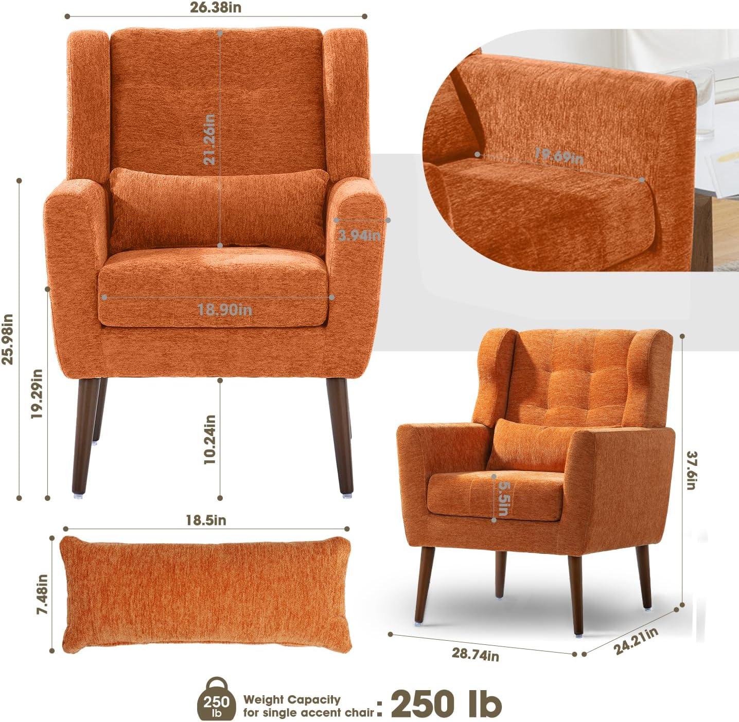 HSUNNS Accent Chair, Chenille Armchair with Pillow and Solid Wood Legs, Ergonomic Design Upholstered Reading Armchair for Bedroom and Reception Room, Comfy Soft Padded Lounge Chair, Orange