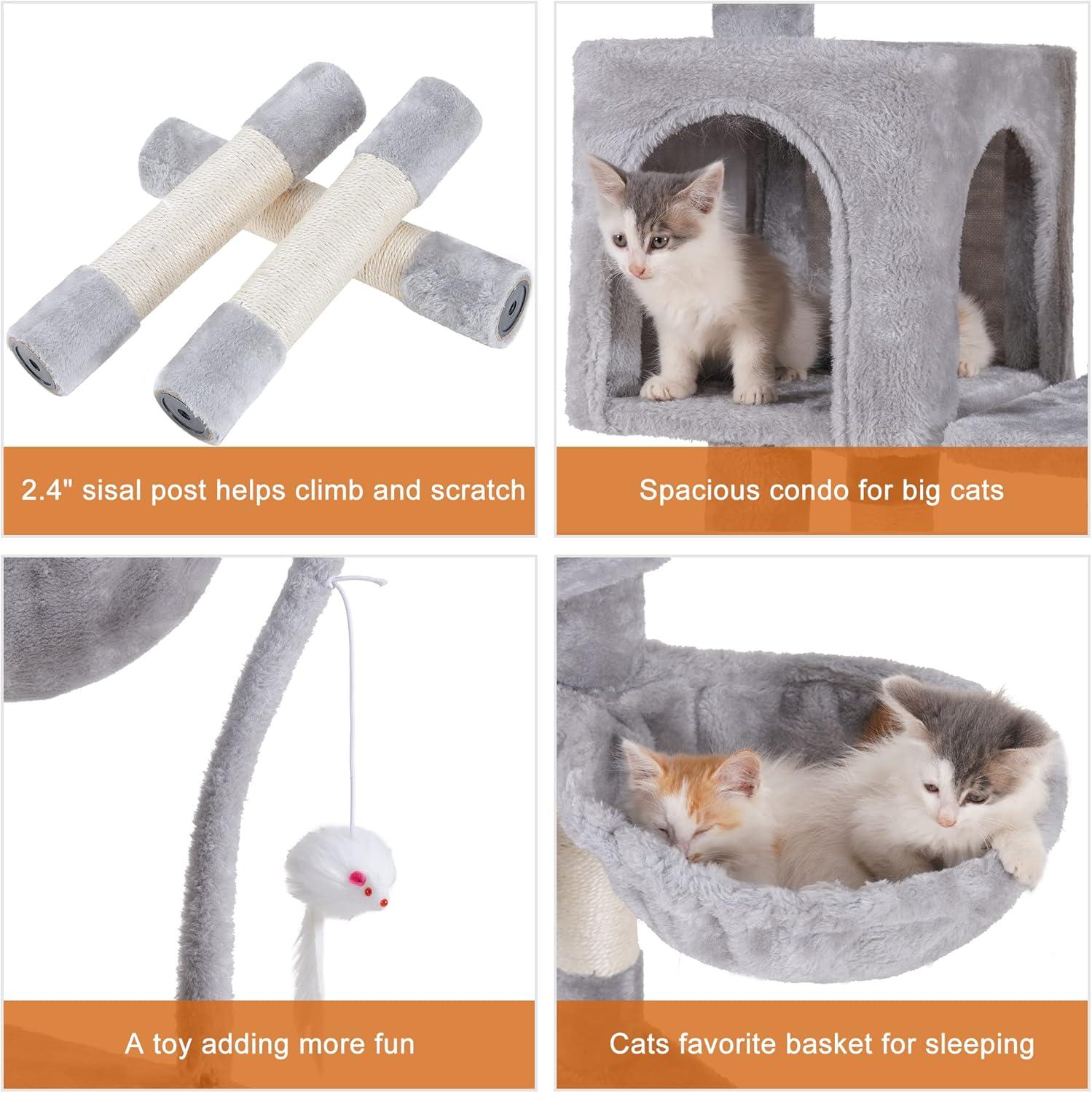 Cat Tree with Toy, Cat Tower condo for Indoor Cats, Cat House with Padded Plush Perch, Cozy Hammock and Sisal Scratching Posts, Light Gray