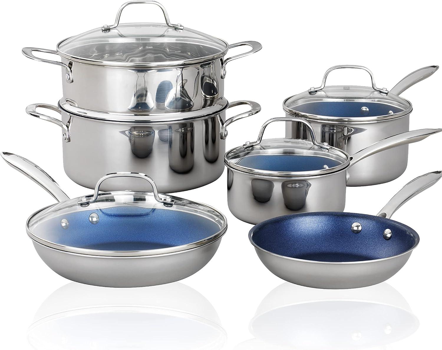 Granitestone Blue 10-Piece Nonstick Stainless Steel Cookware Set