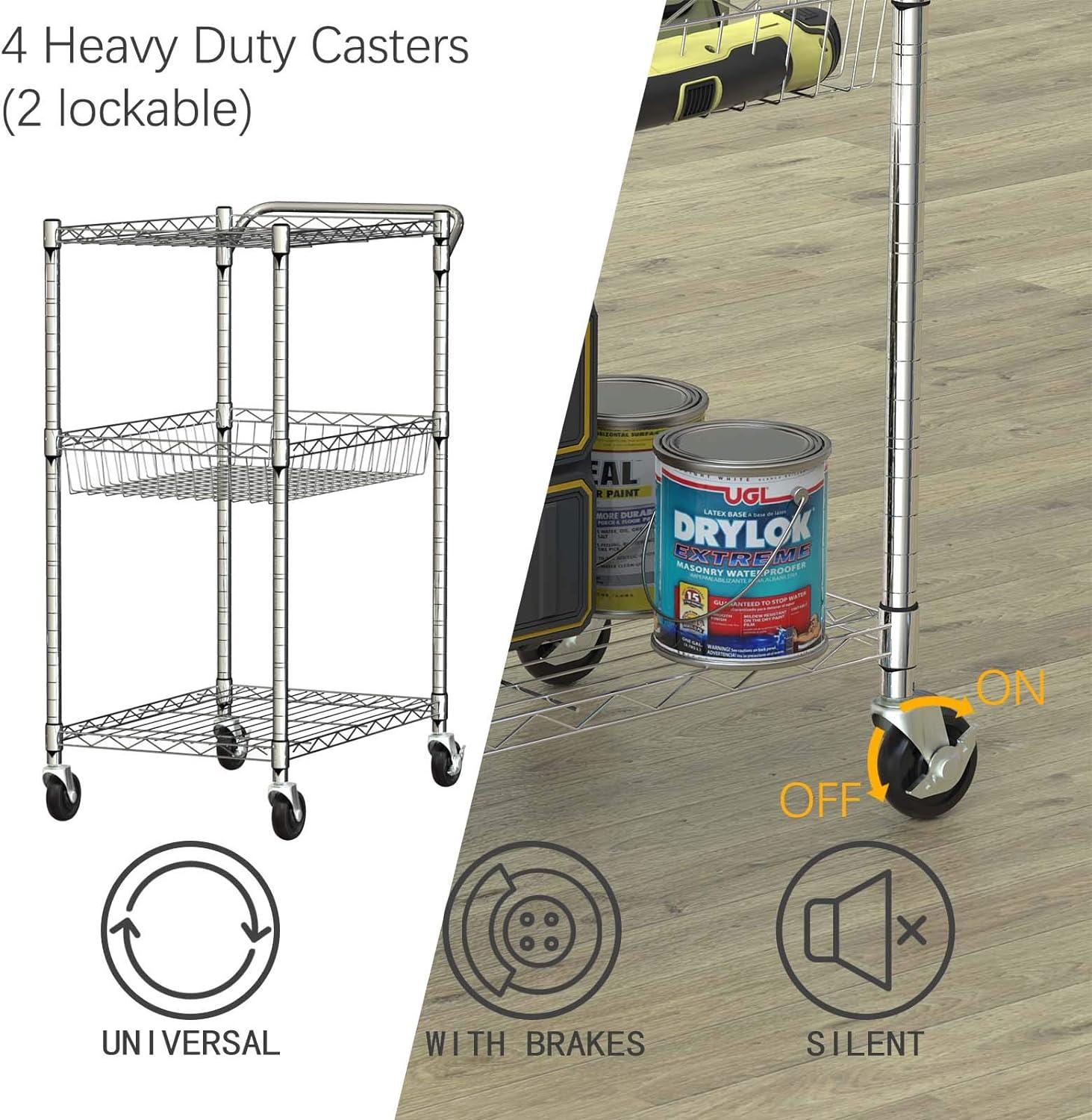 Silver 3-Tier Heavy Duty Steel Rolling Utility Cart