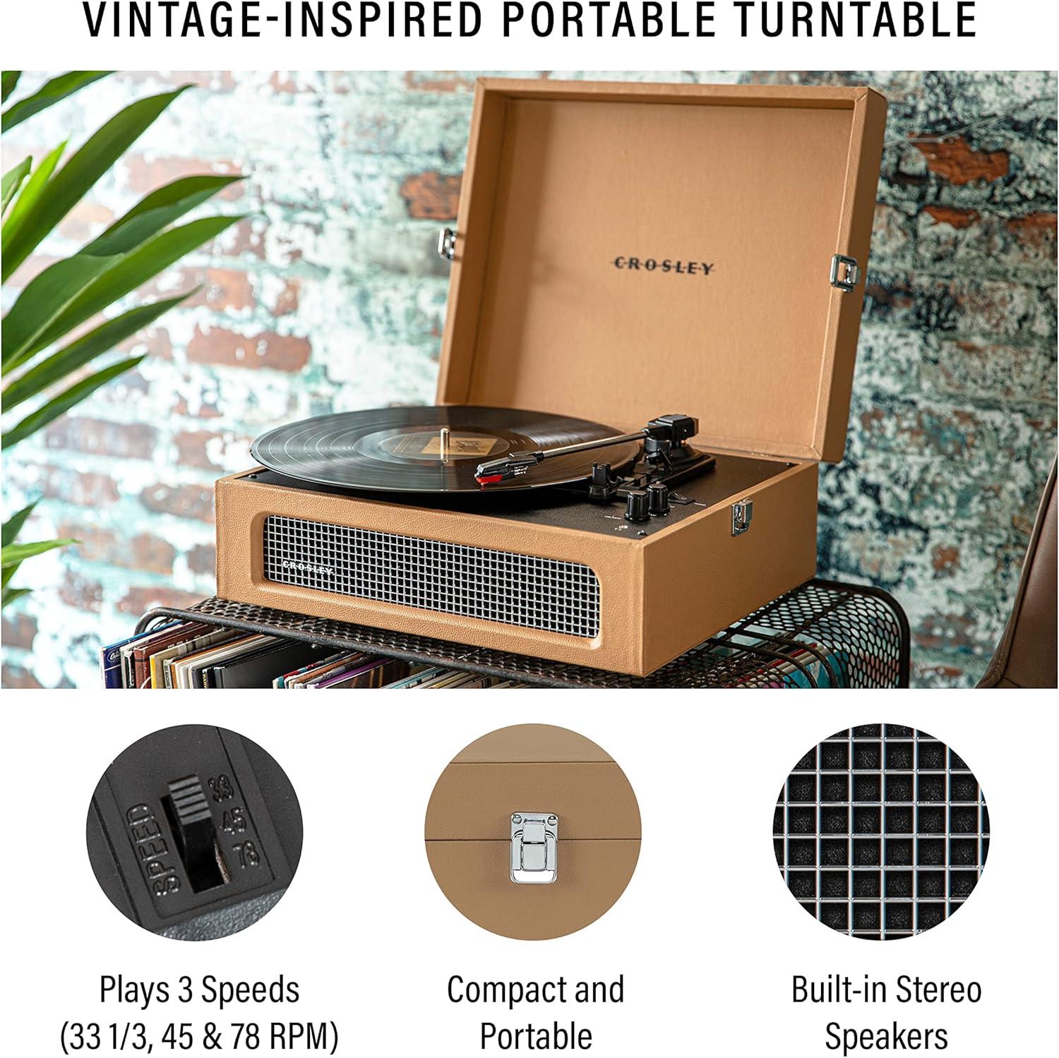 Voyager Vintage Tan Portable Turntable with Bluetooth & Built-in Speakers