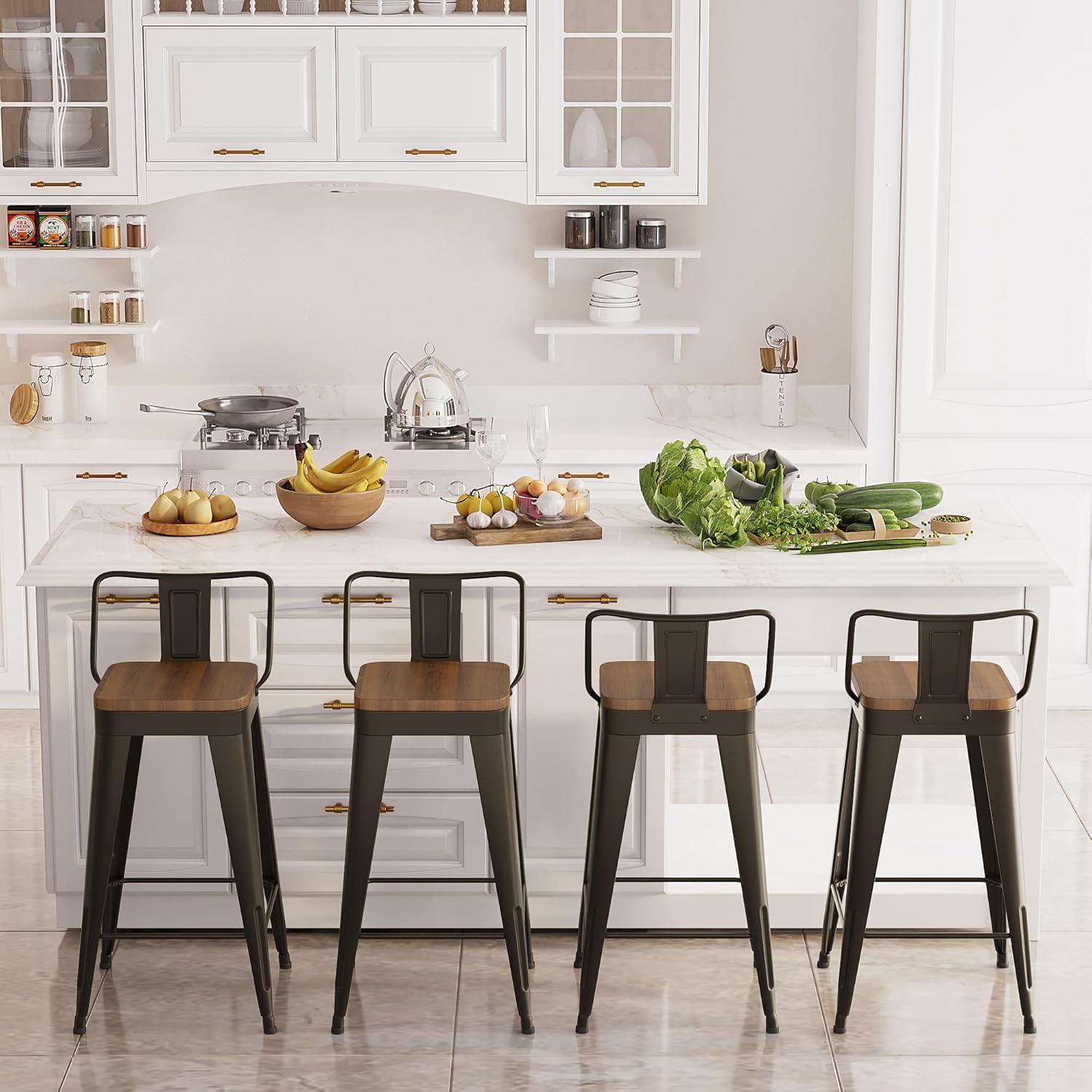 WENTMENT Bar Stools Set of 4 Counter Height Bar Stools Metal Barstools with Removable Back 30" Kitchen Bar Stools with Wooden Seat, Rusty