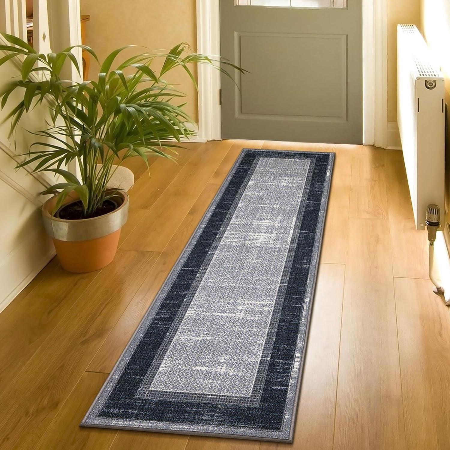 Gray and Black Machine Washable Non-Slip Runner Rug