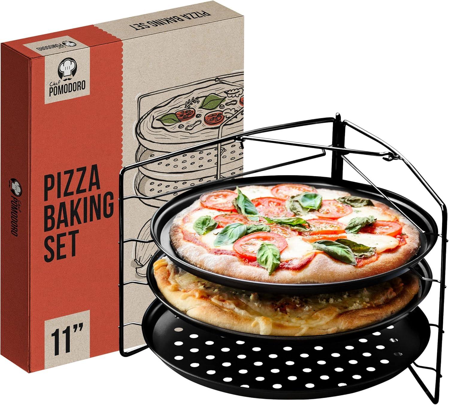 Chef Pomodoro Pizza Baking Set with 3 Pizza Pans 11" and Pizza Rack