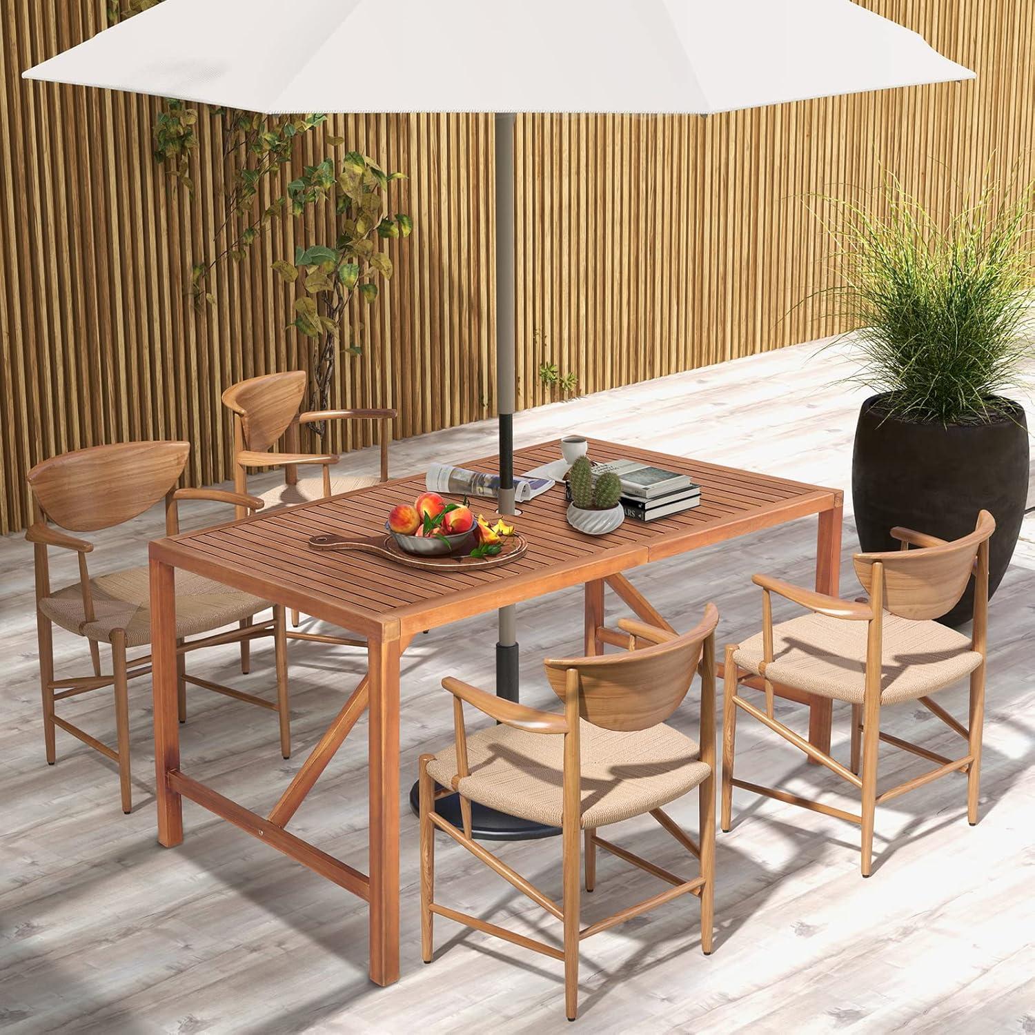 Tangkula Rectangular Acacia Wood Dining Table 4-6 Person Patio 2" Umbrella Hole Natural