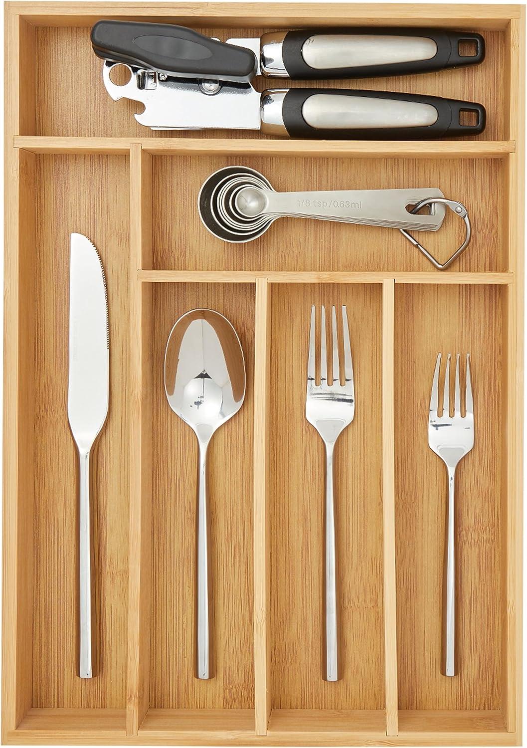 Bamboo Silverware Drawer Organizer with 6 Slots, Wooden Cutlery Tray Holder for Kitchen, Flatware, Utensils, 14.5 x 10.25 x 1.75 In