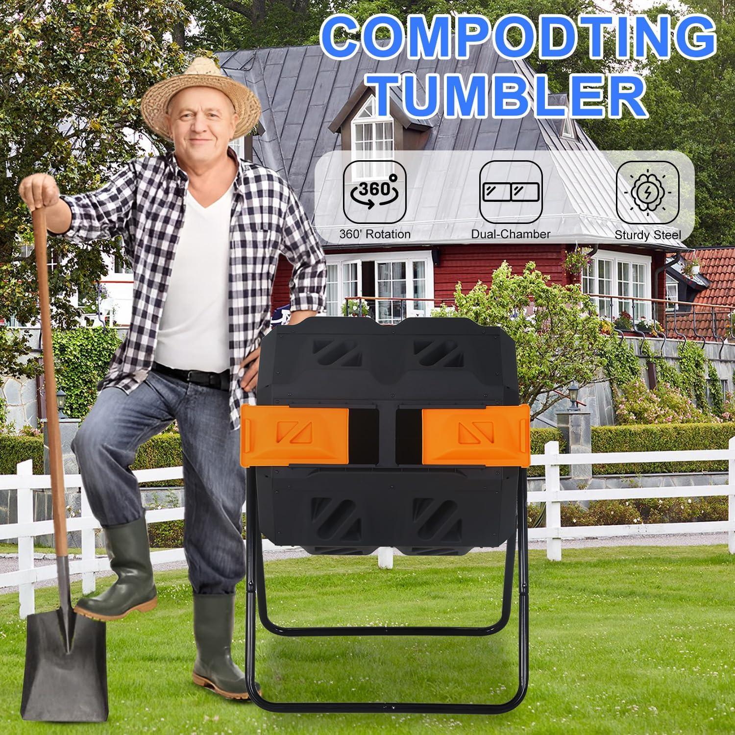 CL.HPAHKL Outdoor Compost Bin, 43 Gallon Dual Tumbling Composter Rotating Composting Bin Compost Tumbler for Garden Patio Kitchen Yard, Black Door