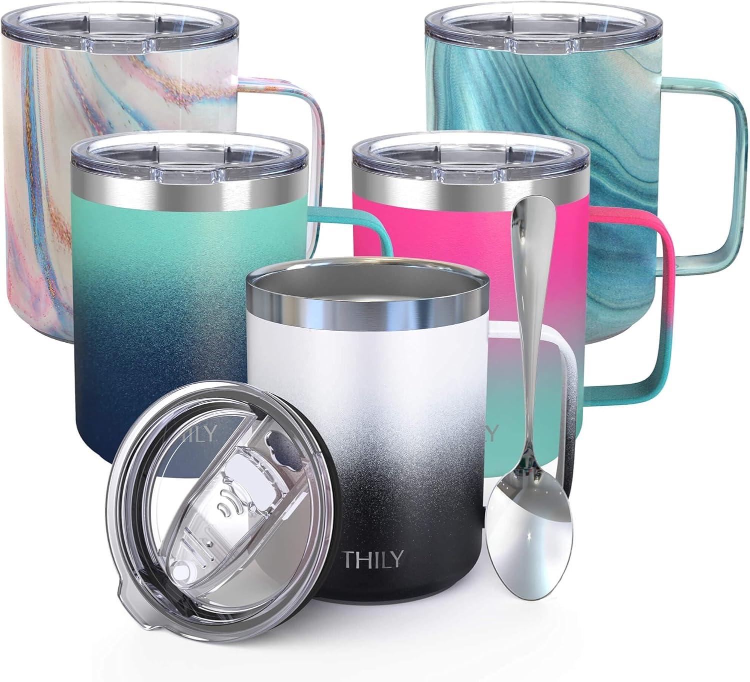 Vacuum Insulated Travel 12 oz Coffee Mug with Handle, THILY Stainless Steel Cup with Spill-Proof Lid, Keep Coffee Cold, Great for Camping, White Marble