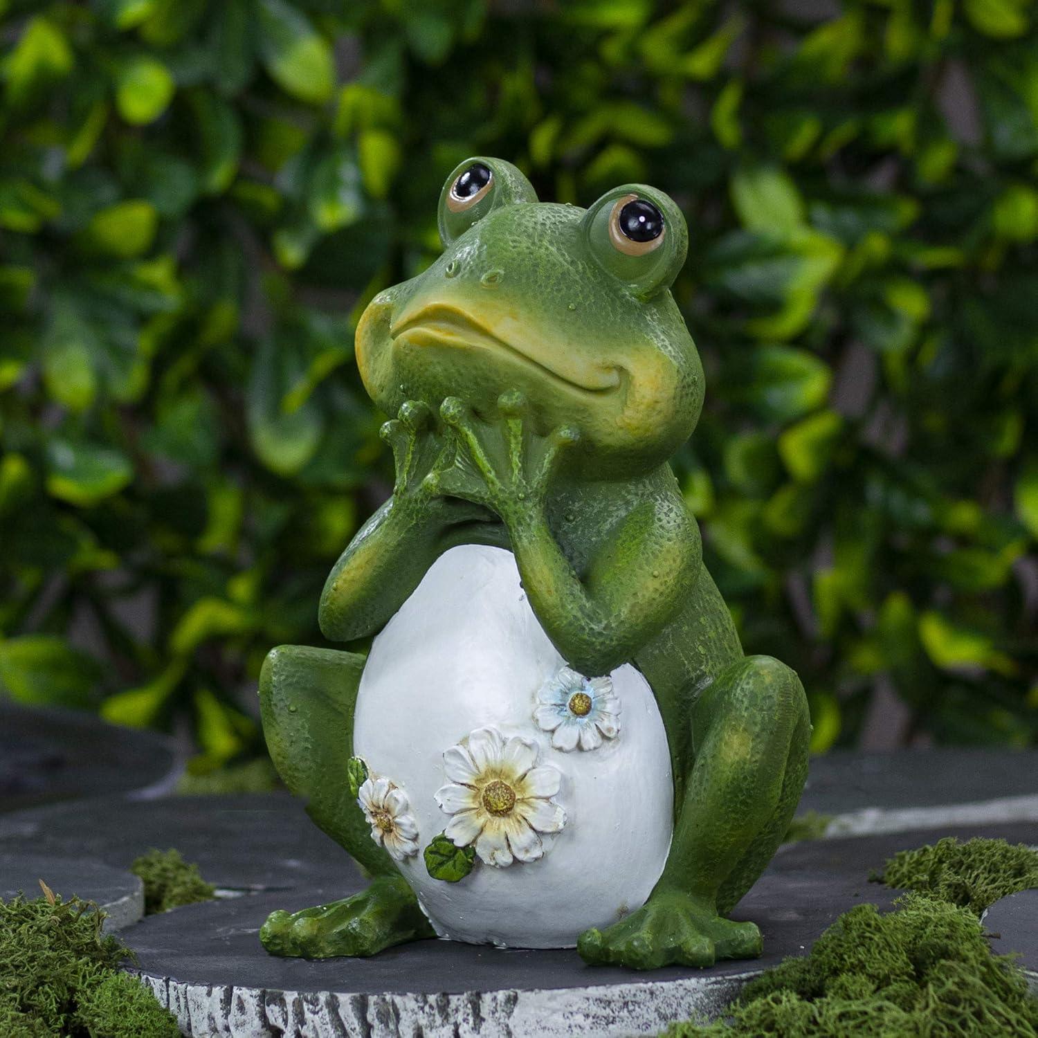 Green and White Resin Frog with Daisies Garden Statue