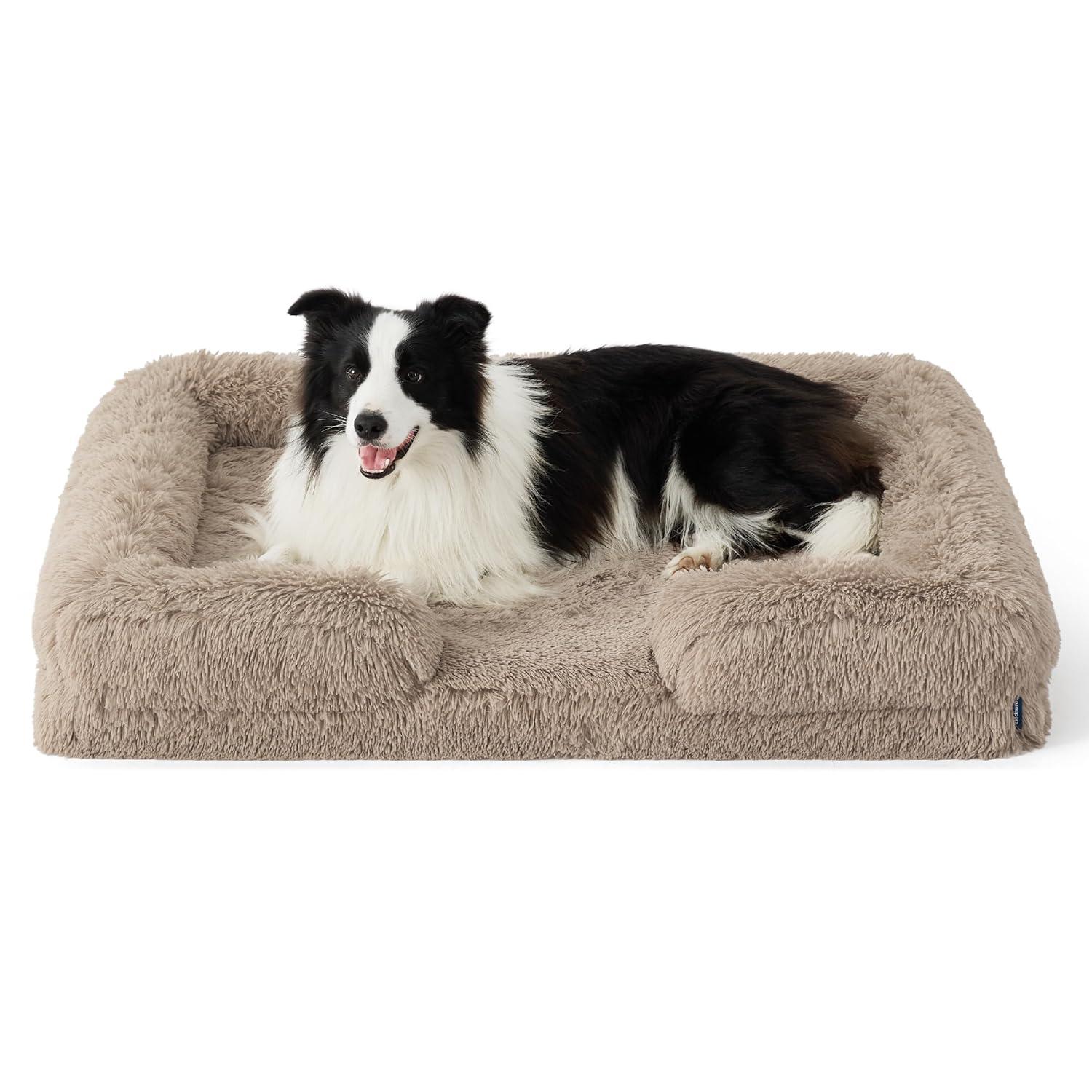 Bedsure Orthopedic Dog Beds Large Sized Dog - Washable Large Dog Cat Bed Waterproof, Comfort Dogs Couch Sofa with Washable Removable Cover, Pet Bed with Nonskid Bottom, Long Faux Fur-Taupe, 35"