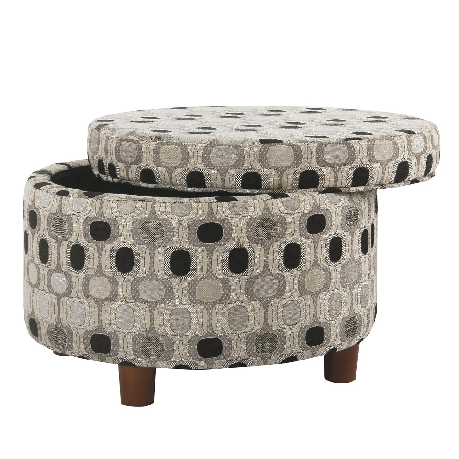 Round Storage Ottoman Black Geo - HomePop: Upholstered Medallion Pattern, Plywood & Hardwood Frame, 250 lbs Capacity